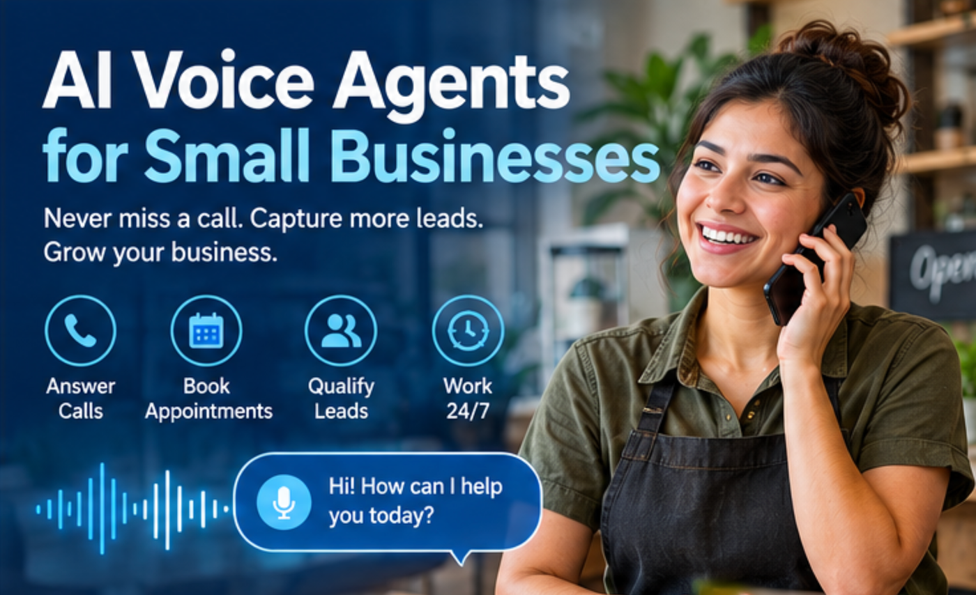 A smiling woman using a smartphone while working in a small business, promoting AI voice agents that answer calls, book appointments, qualify leads, and provide 24/7 customer support.