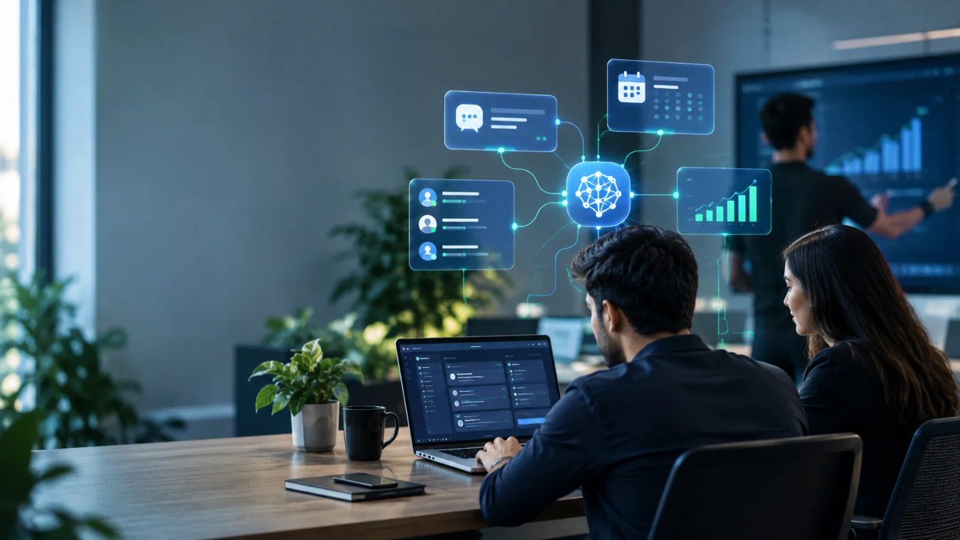Small business team using AI automation to connect customer messages, scheduling, and business analytics.