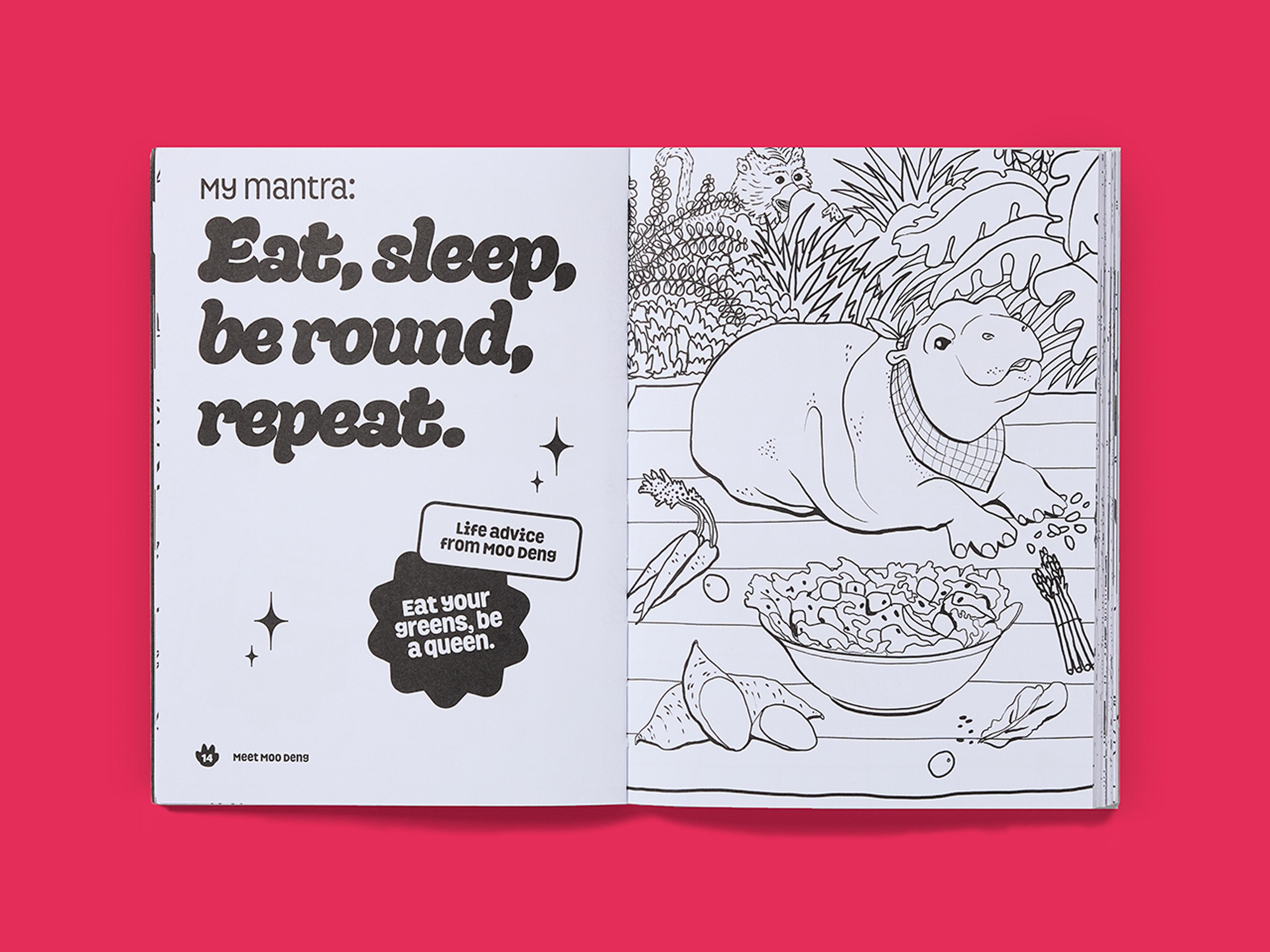 Open spread from Be More Moo Deng, featuring a line drawing of Moo Deng and bold typography.