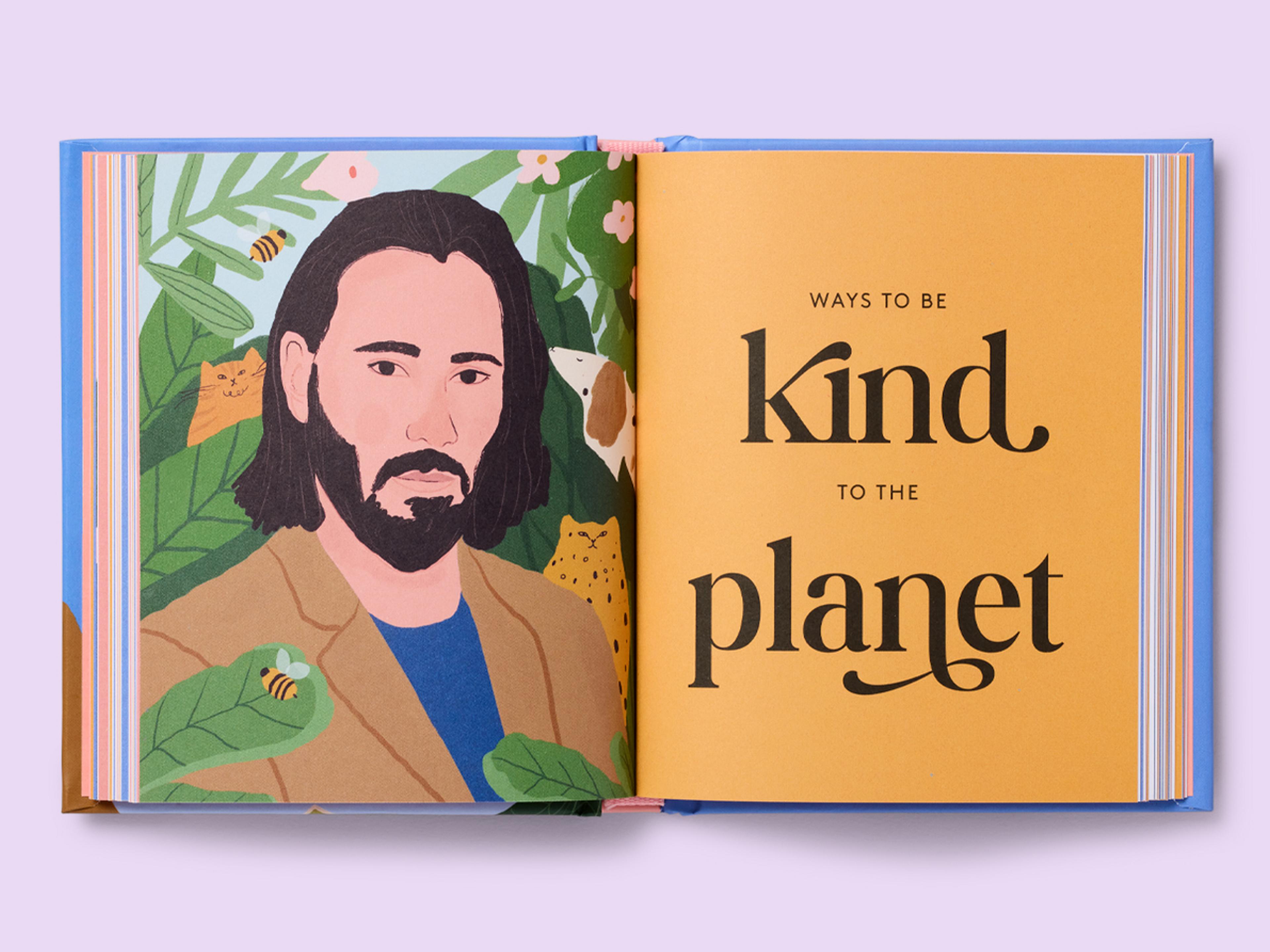Open spread from 50 Guides Series, featuring bold typography and an illustration of Keanu Reeves.