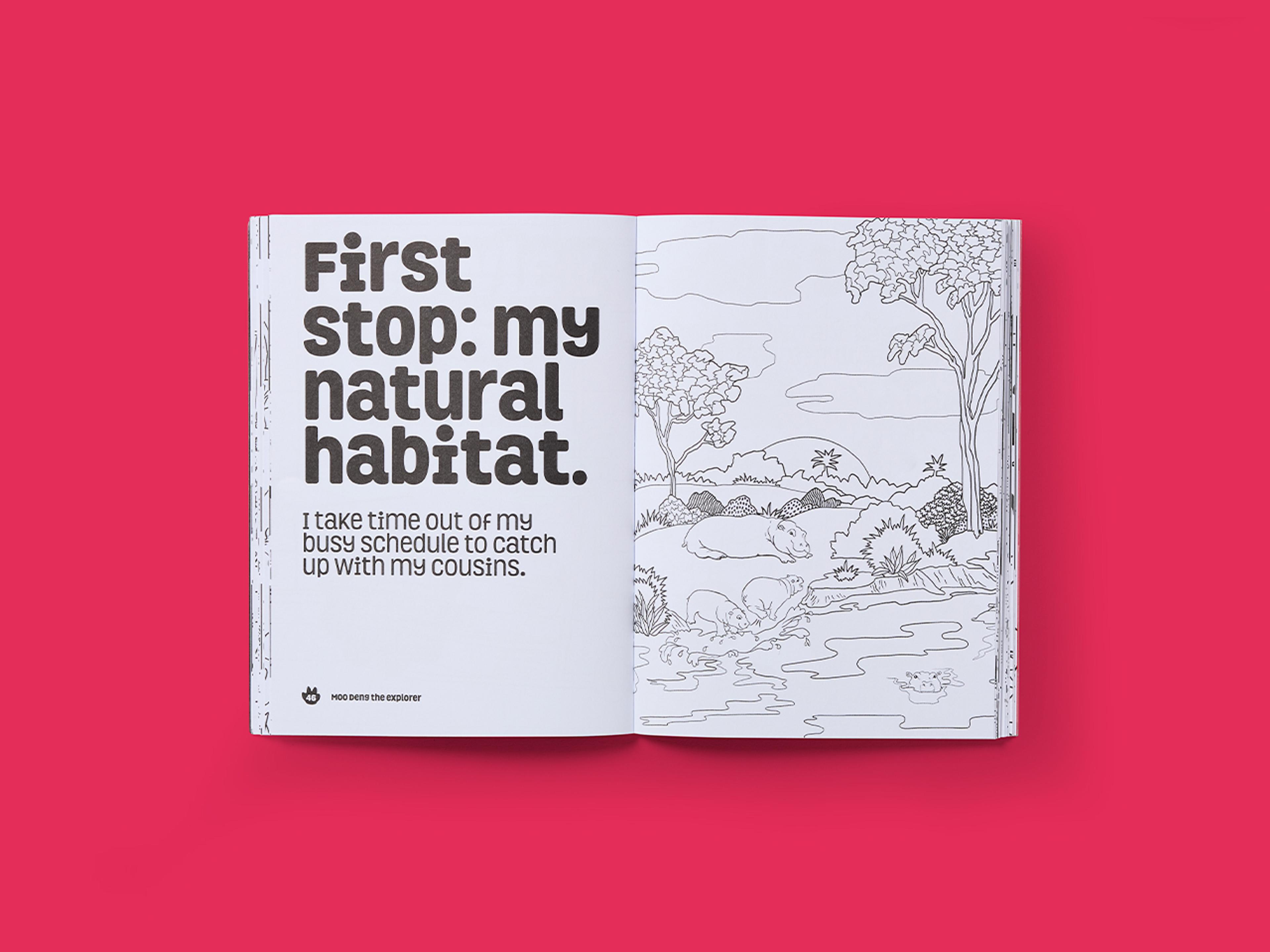 Open spread from Be More Moo Deng, featuring a line drawing of Moo Deng and bold typography.