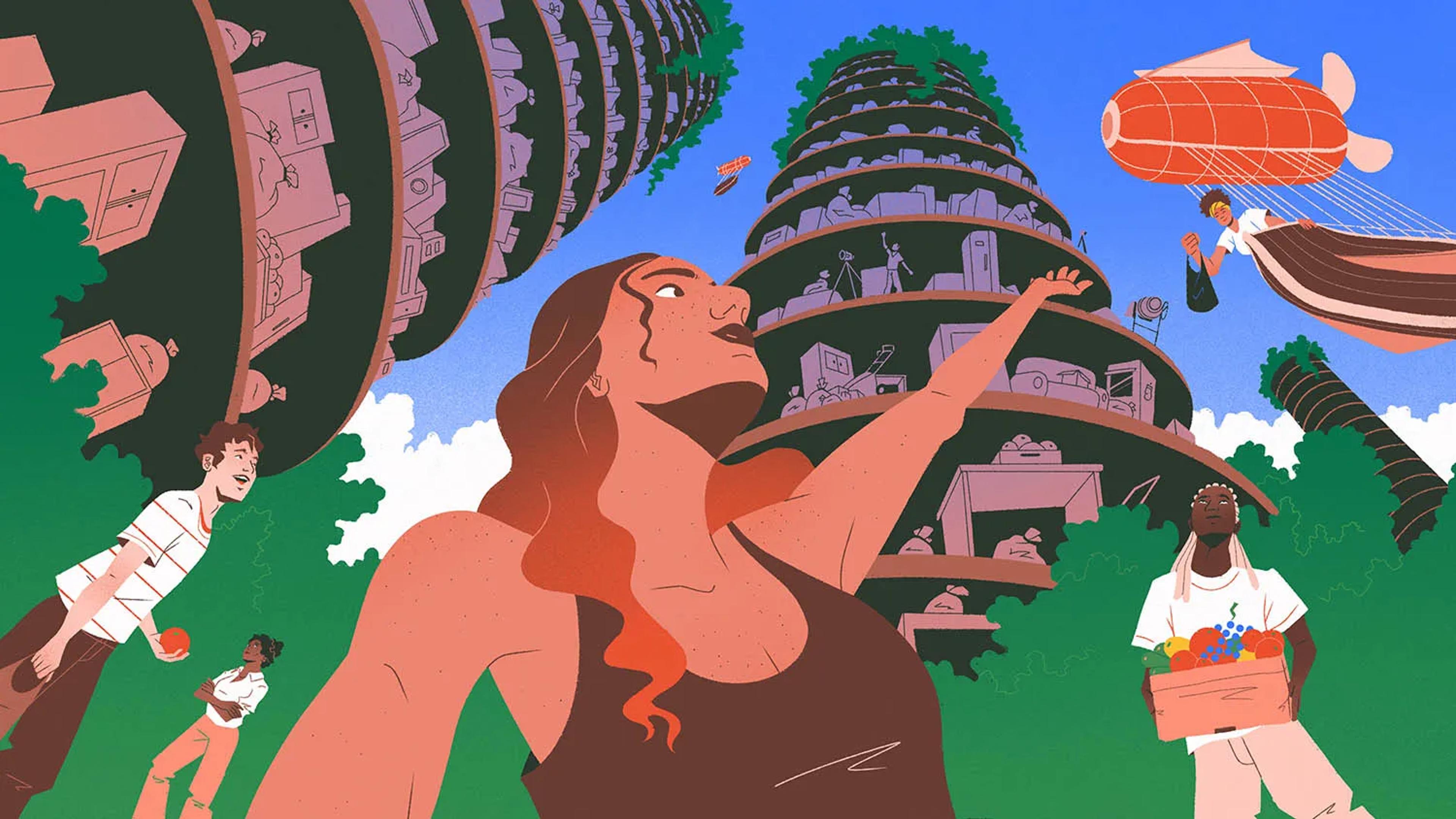 A vibrant illustrated scene of a fantastical multi-tiered city built around a giant figure with reddish-brown skin and long hair, gazing upward in wonder. Tiny inhabitants populate the spiral tower-like structure, surrounded by lush greenery, while two steampunk-style airships float through a bright blue sky above.