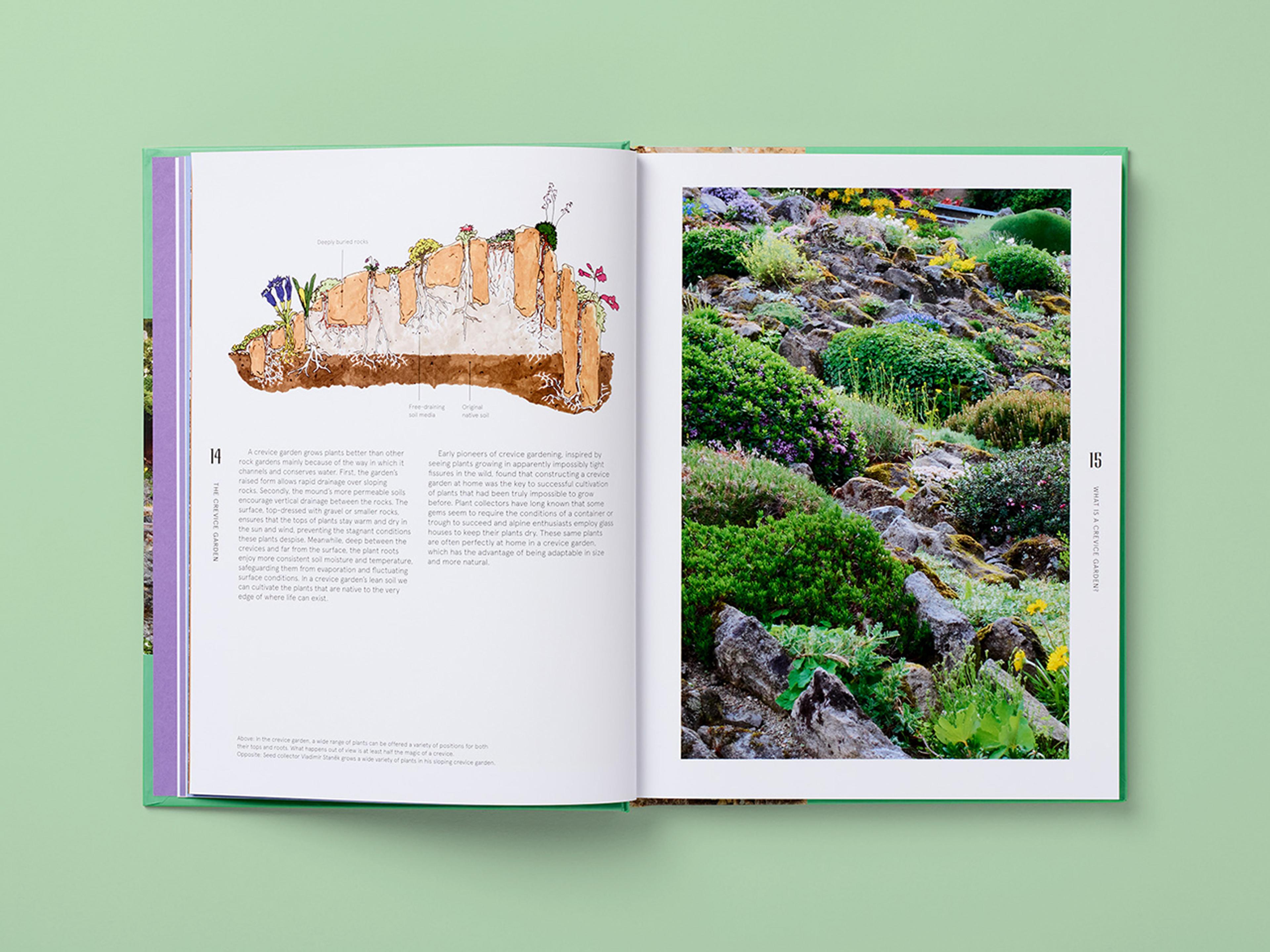 Open spread of the book The Crevice Garden.