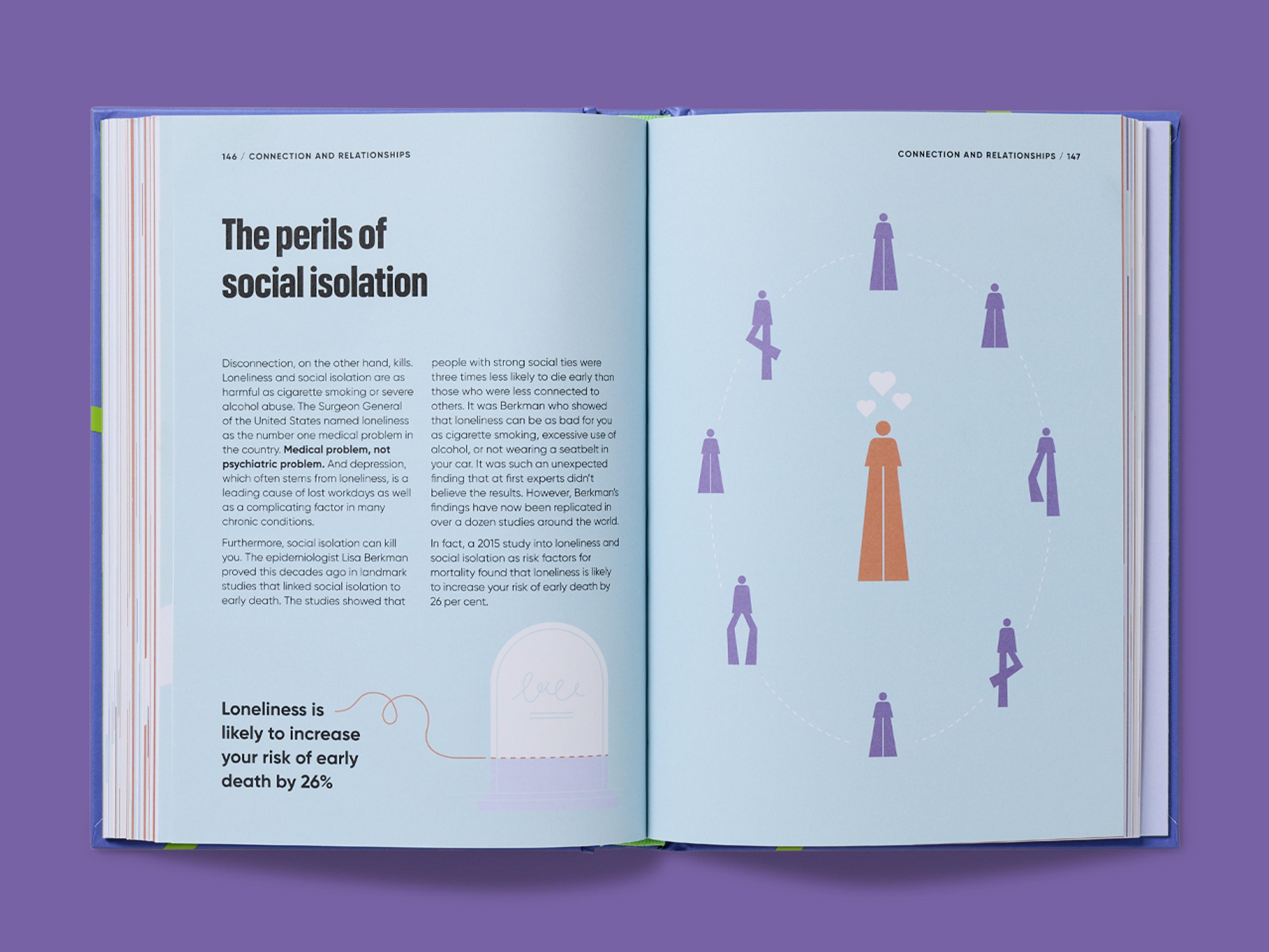 Open spread of ADHD Explained titled "The perils of social isolation" with text and human illustrations.