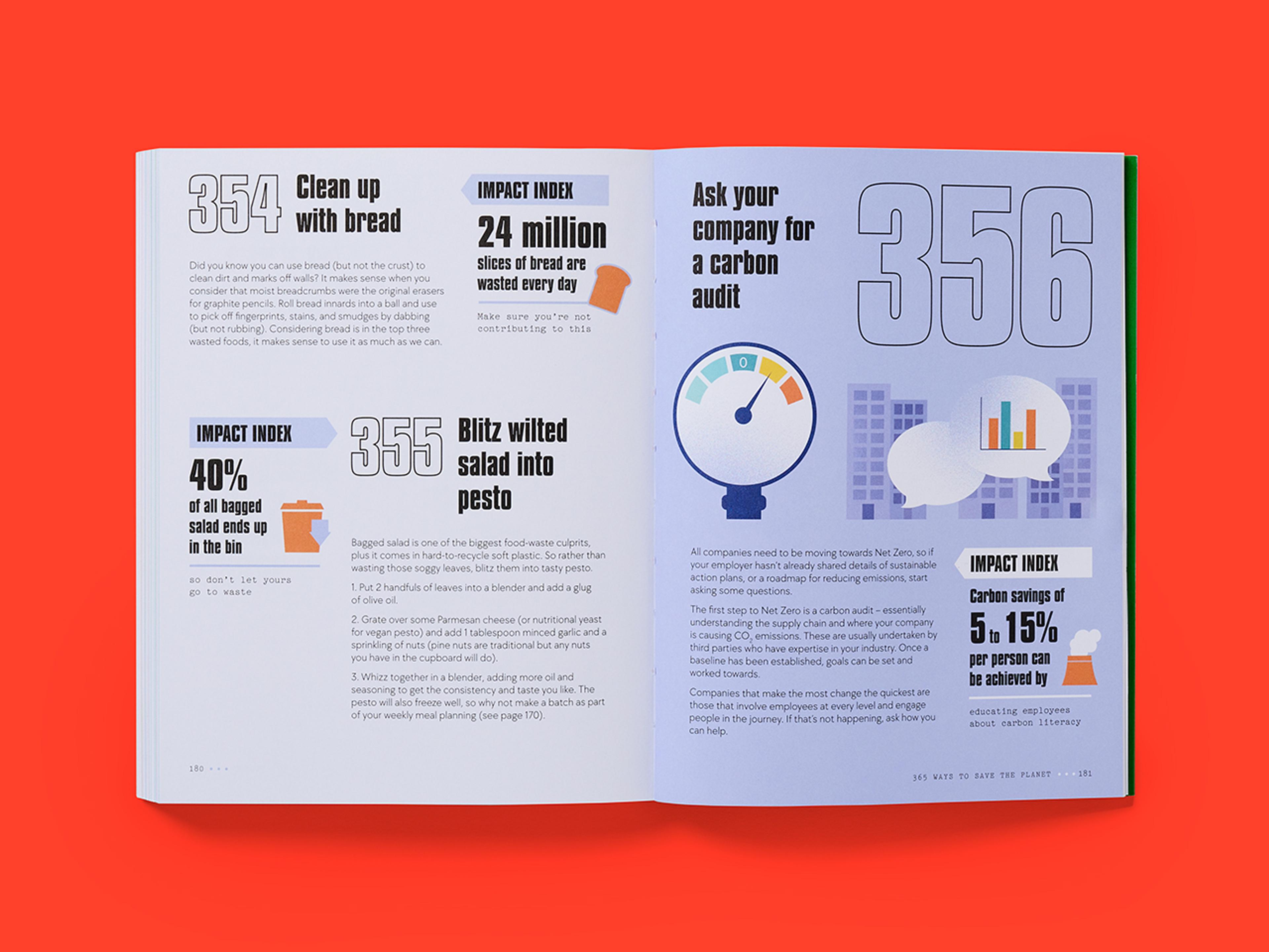 Open spread from 365 Ways to Save the Planet, featuring sustainability tips.