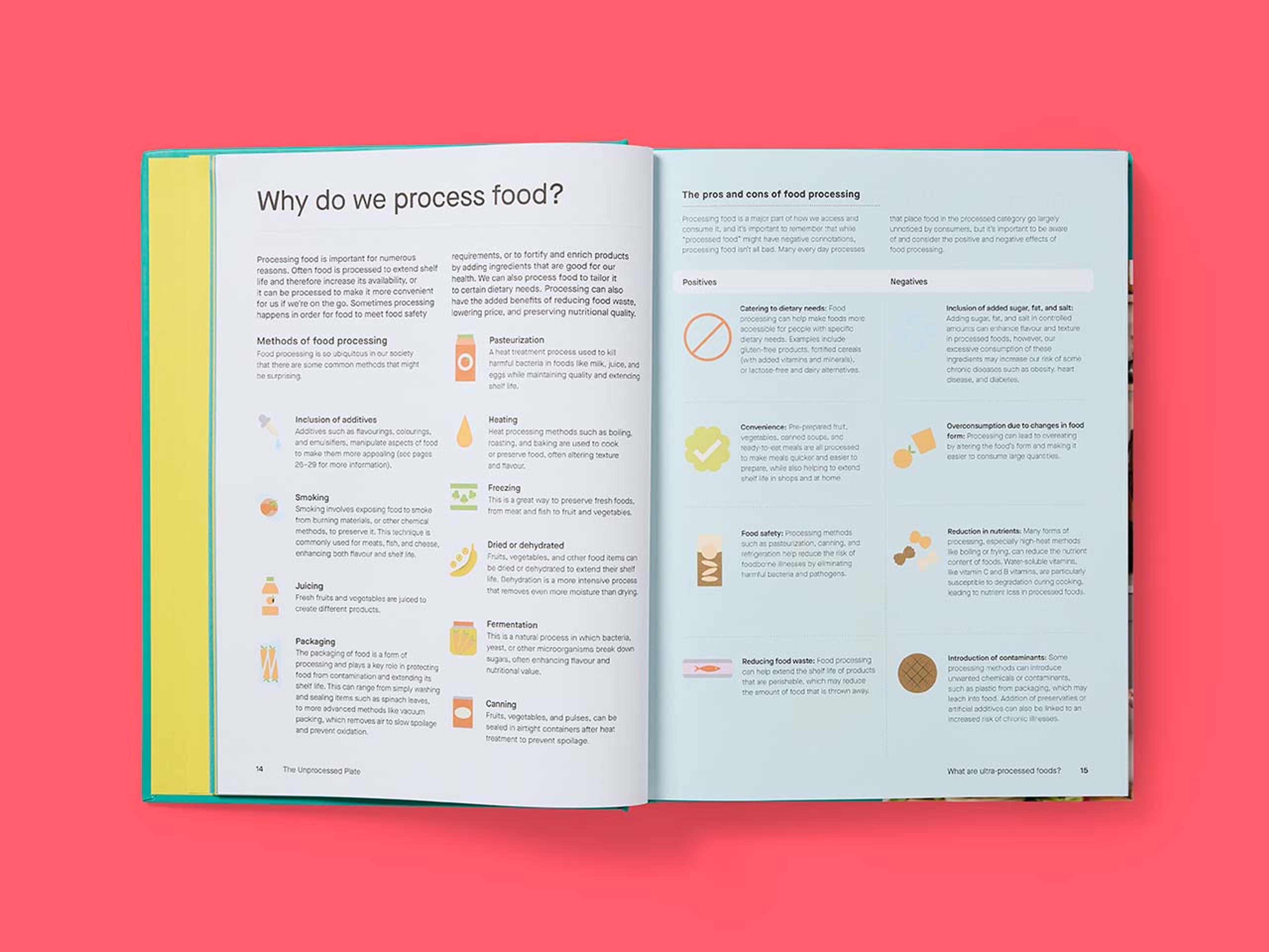Open spread from The Unprocessed Plate, featuring explanatory text and icons of various food items.