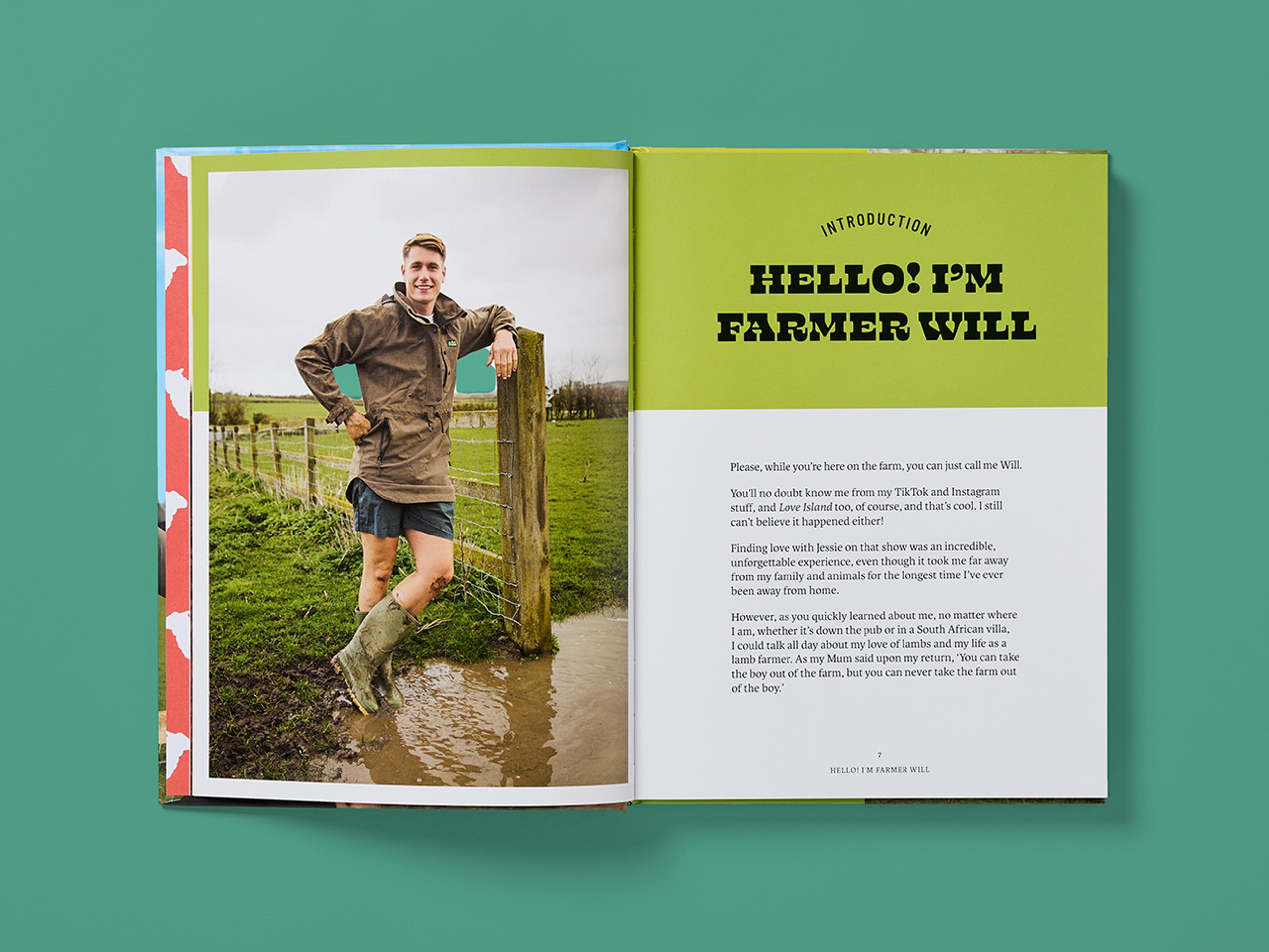 Open spread from the book For the Love of Farming, featuring photography of farm life with clean layouts and seasonal structure.