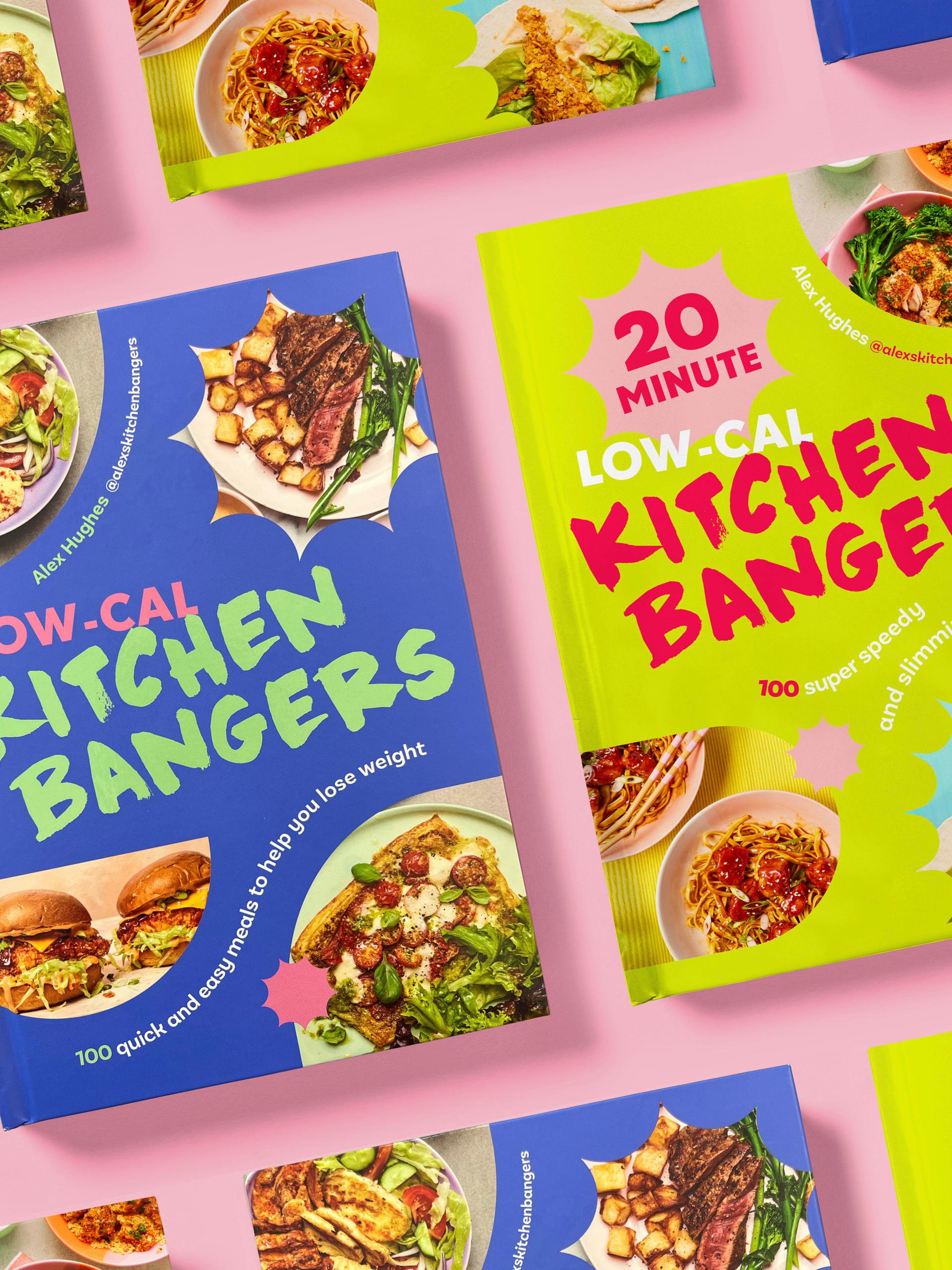 Book covers from the Kitchen Bangers series, featuring bold typography and photographs of food.