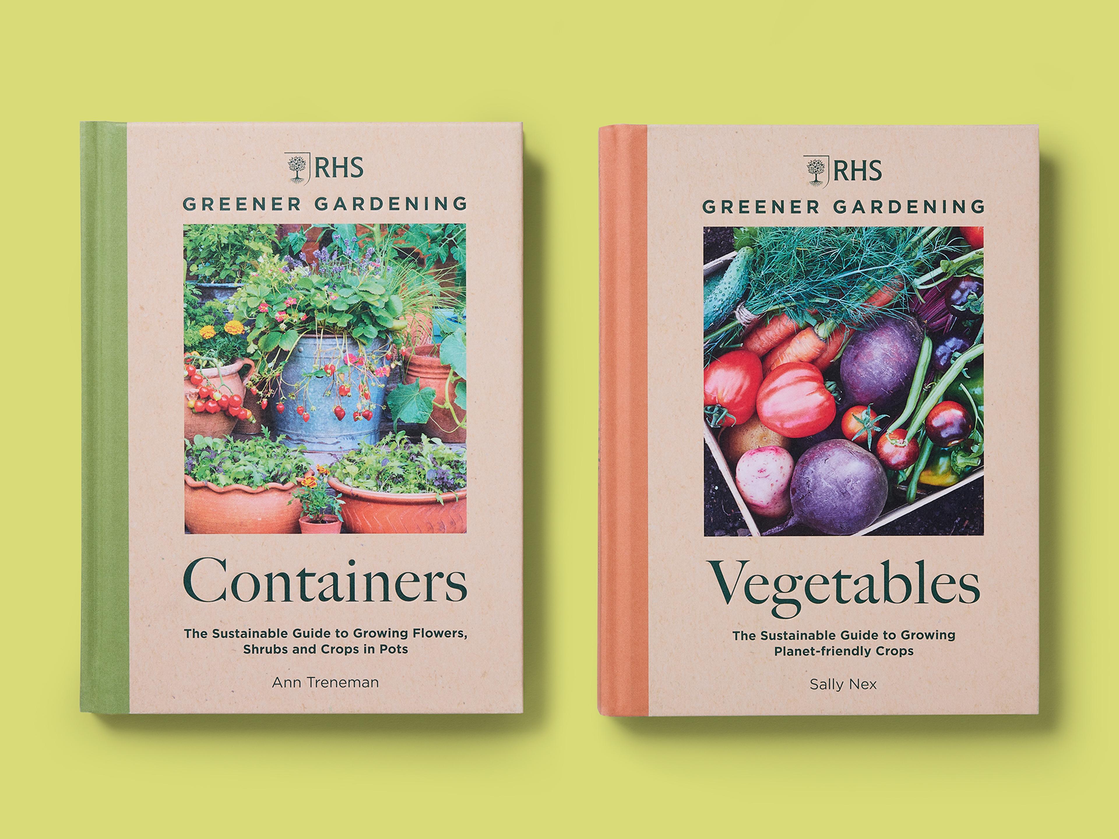 Two books from the "RHS Greener Gardening" series on a pale green background. Left: "Containers" by Ann Treneman, with a green spine and a cover photo of flowering and fruiting plants grown in pots. Right: "Vegetables" by Sally Nex, with an orange spine and a cover photo of freshly harvested vegetables arranged in a crate.