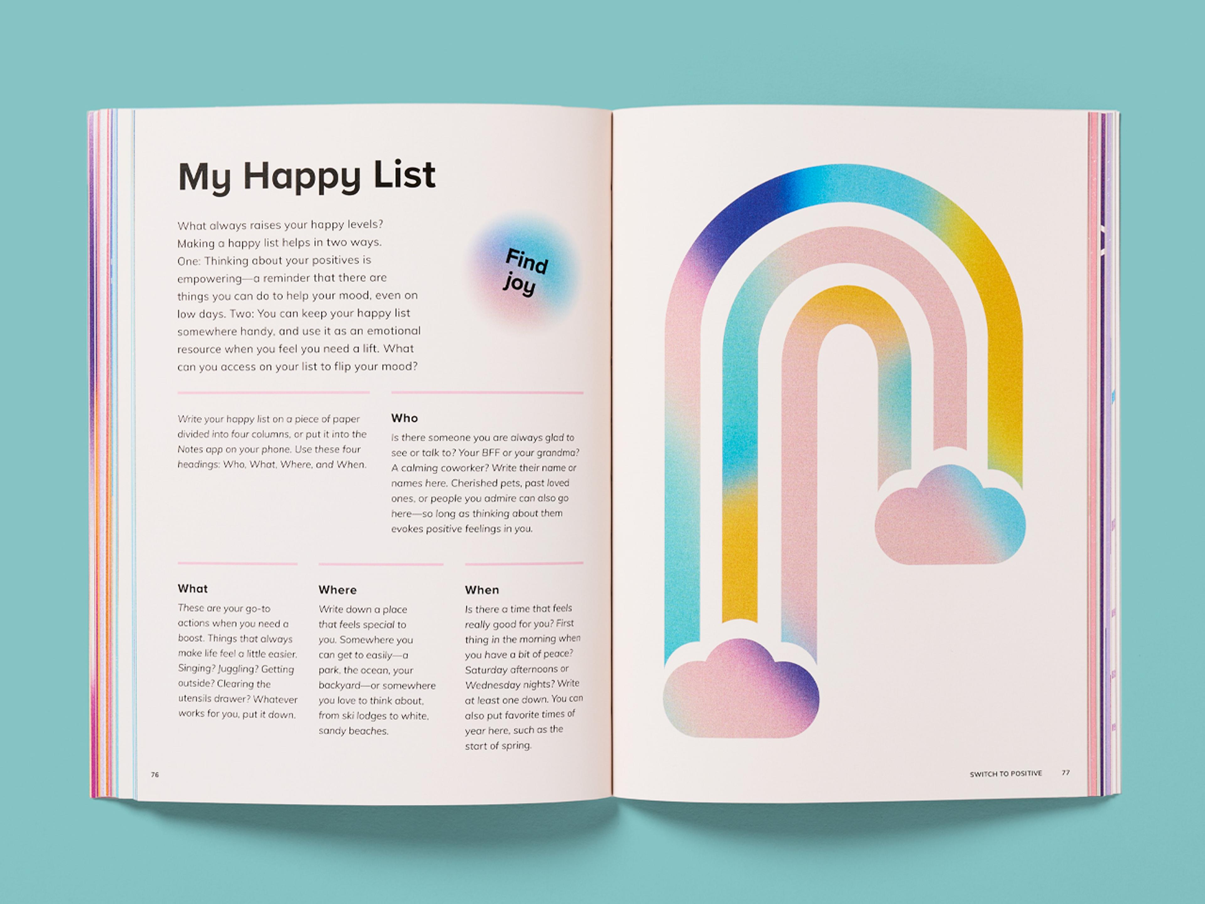 Open spread of Cards Against Series book titled "My Happy List" with guided prompts and a pastel rainbow illustration with clouds.