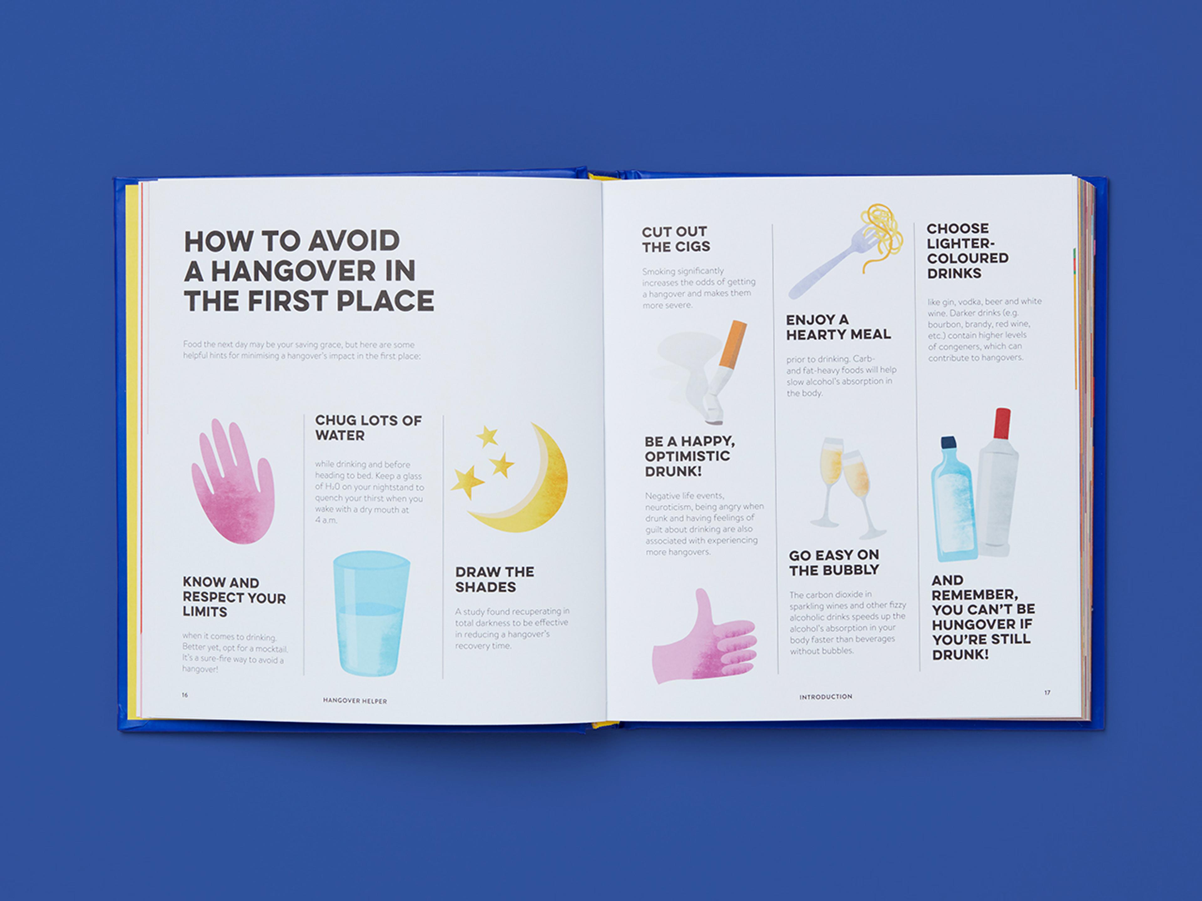 Open spreads from the Hangover Helper book showing tips on how to avoid a hangover in the first place.