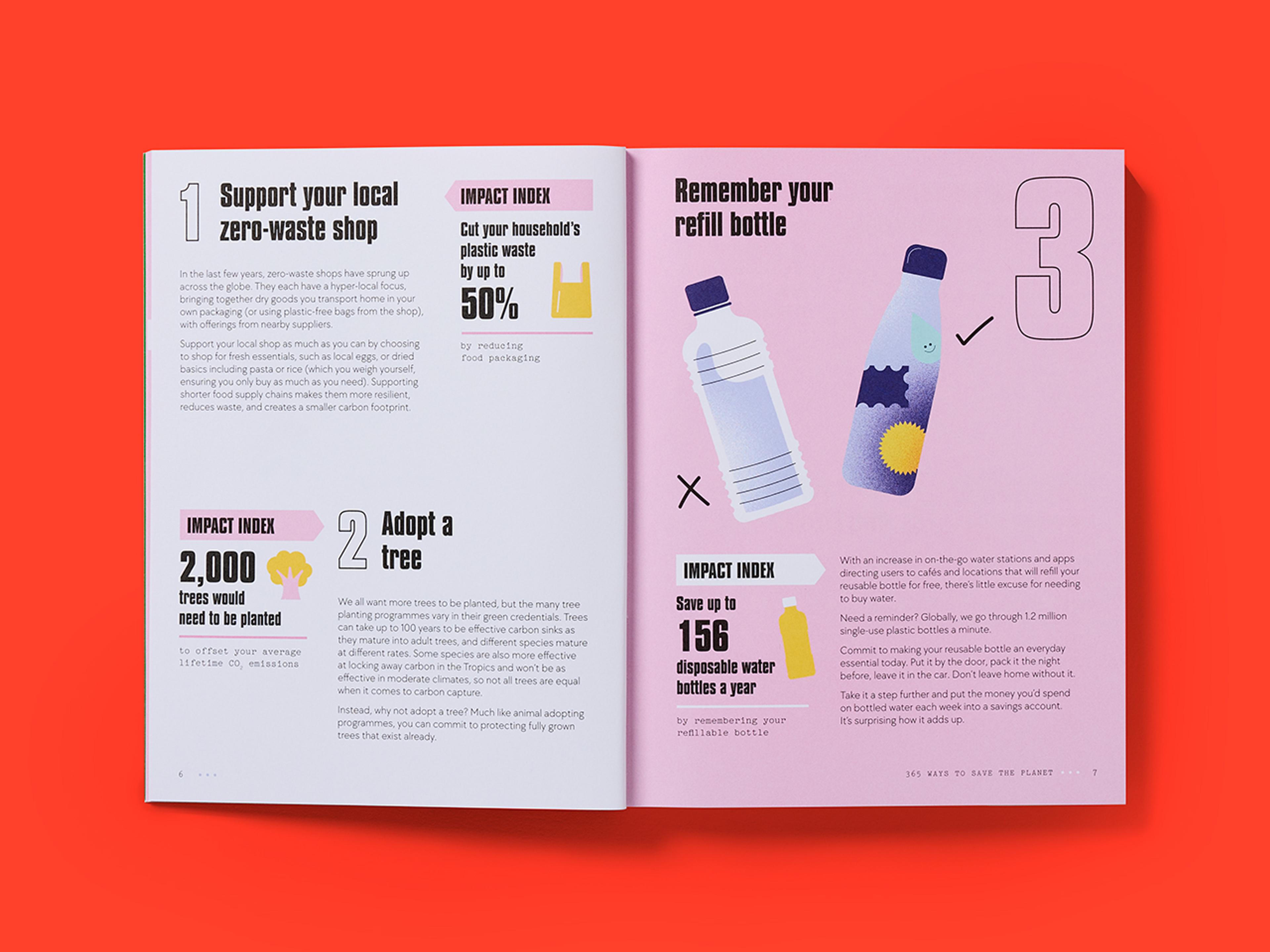 Open spread from 365 Ways to Save the Planet, featuring sustainability tips.