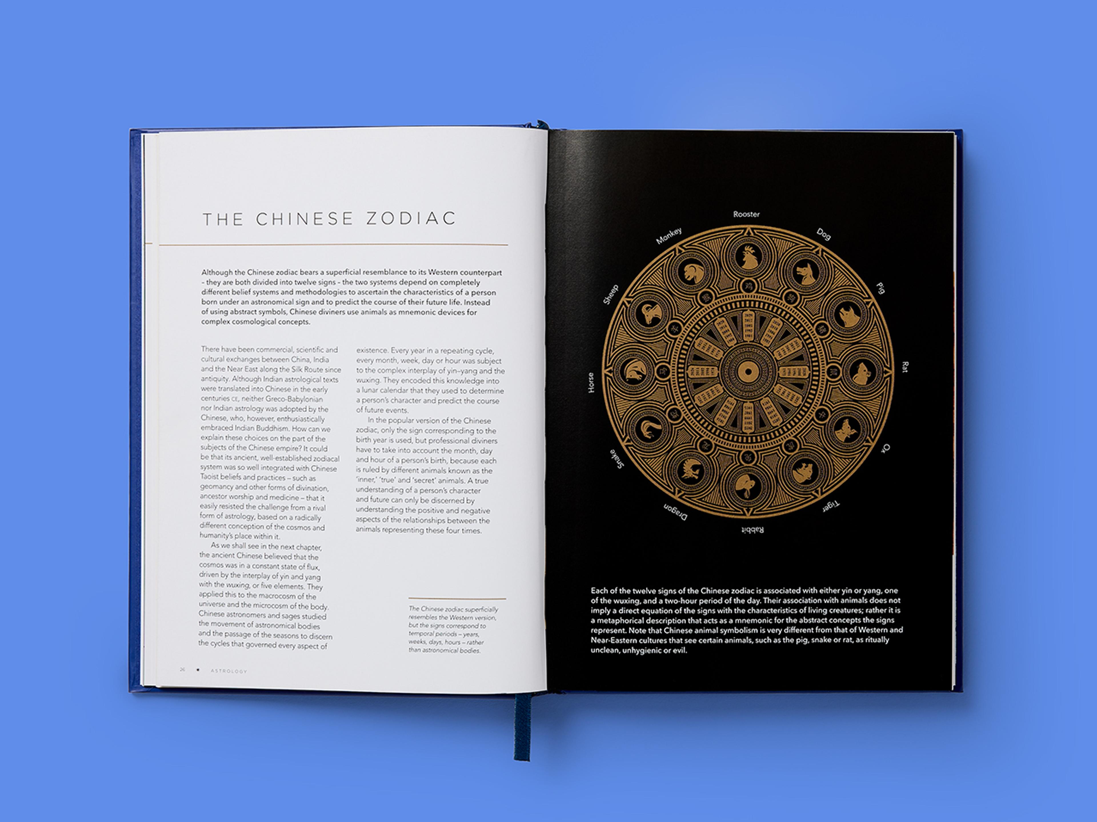 Open spreads from the Symbols of the Occult showing an illustration of the Chinese zodiac accompanied by explanatory text.