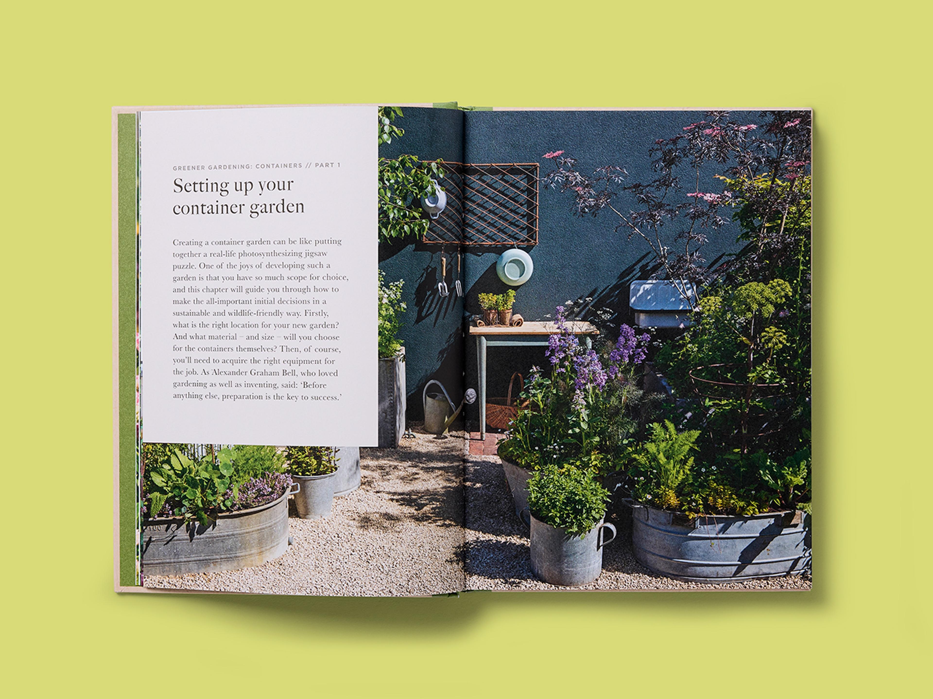 Open spreads from the RHS Greener Gardening Series with garden photogrpah and explanatory text.
