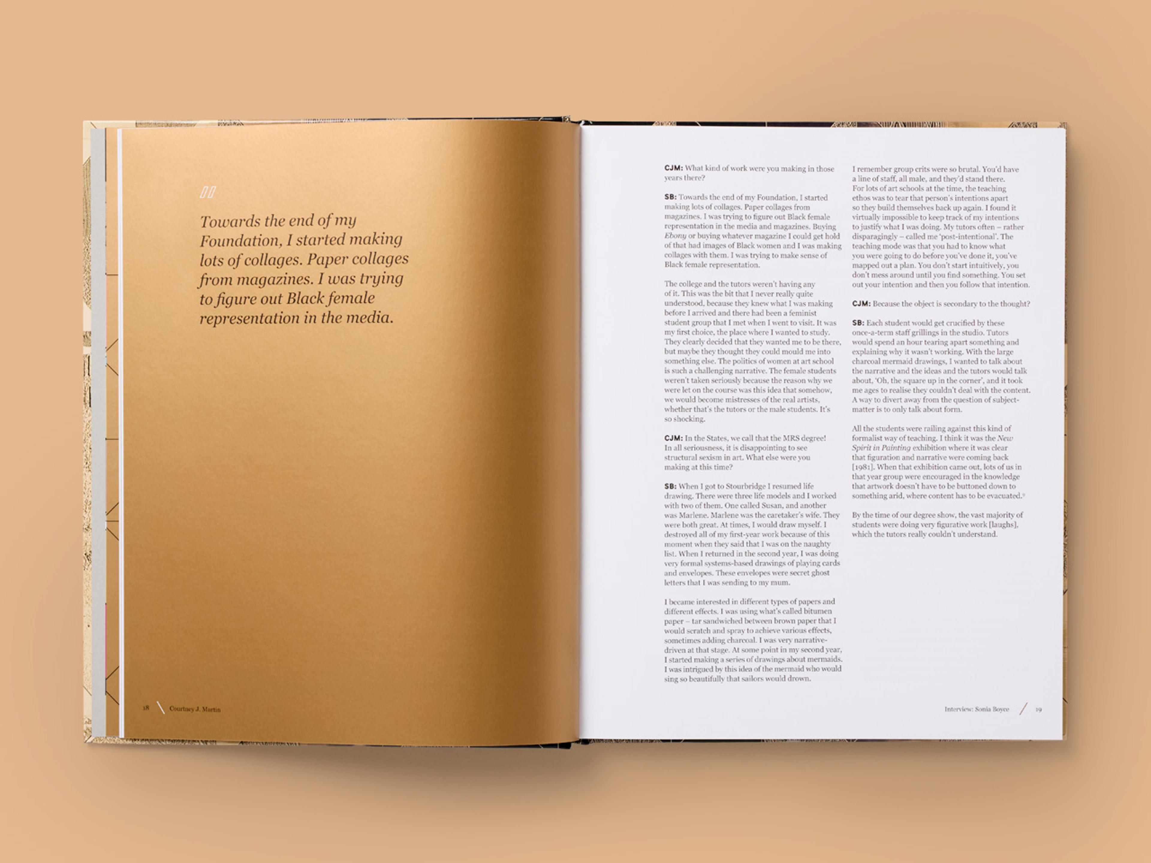 Open spread from Sonia Boyce, featuring a predominantly brown background and a clean layout.