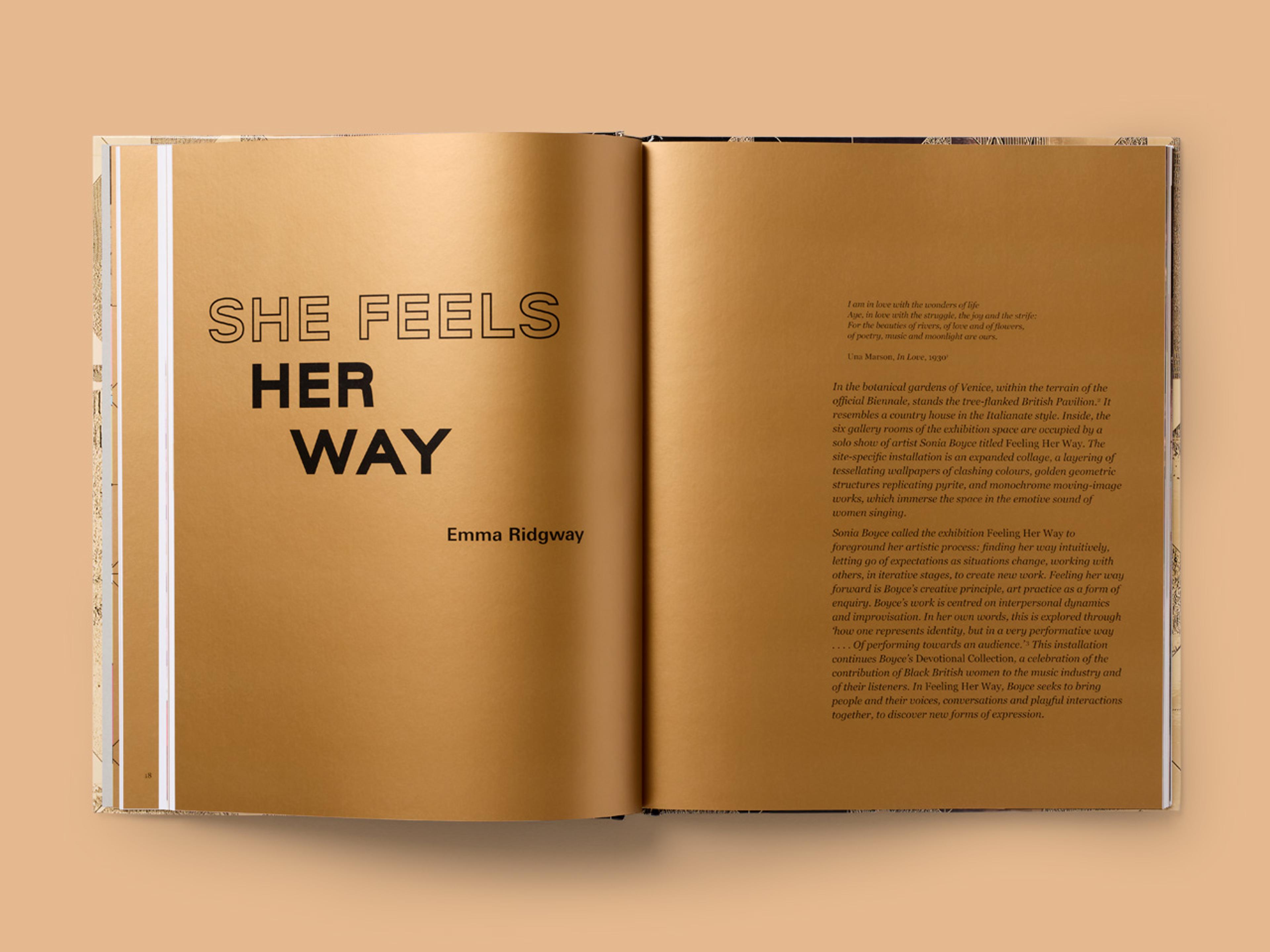 Open spread from Sonia Boyce, featuring a predominantly brown background and a clean layout.