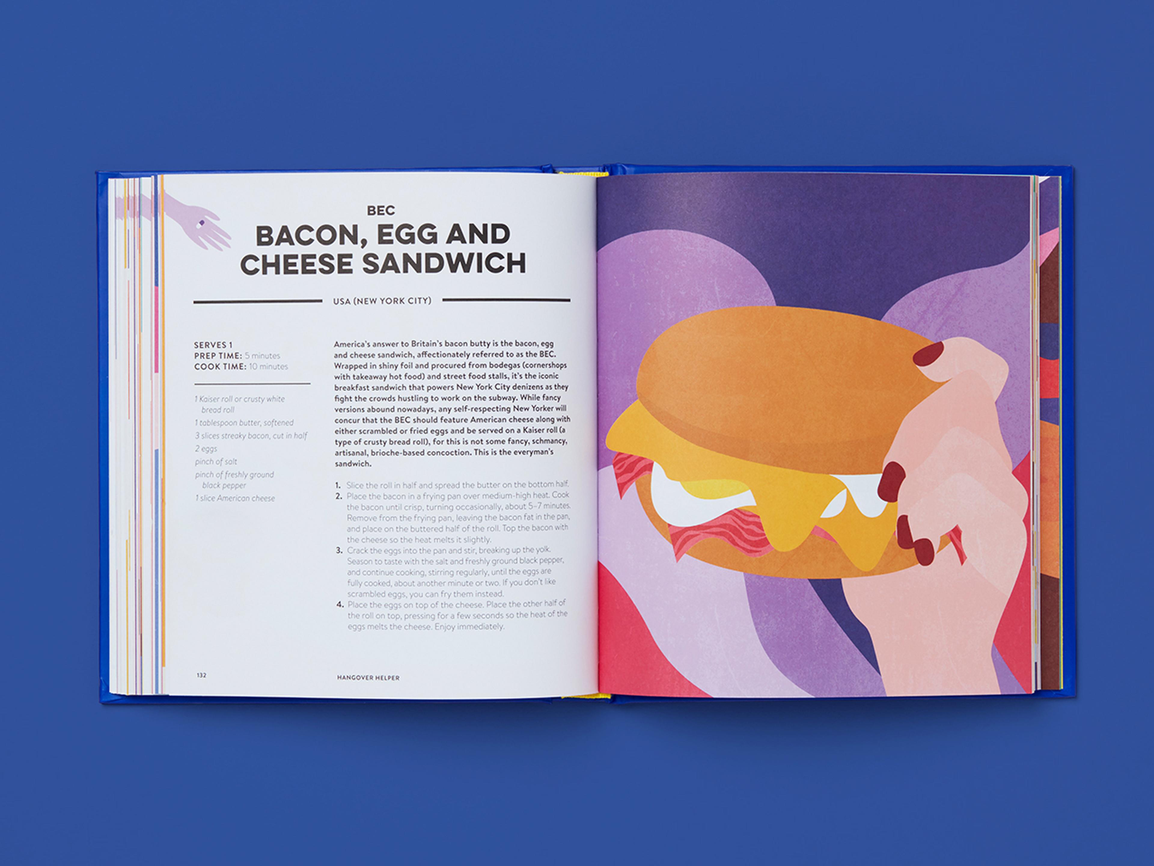 Open spreads from the Hangover Helper book showing recipes alongside colourful illustrations.