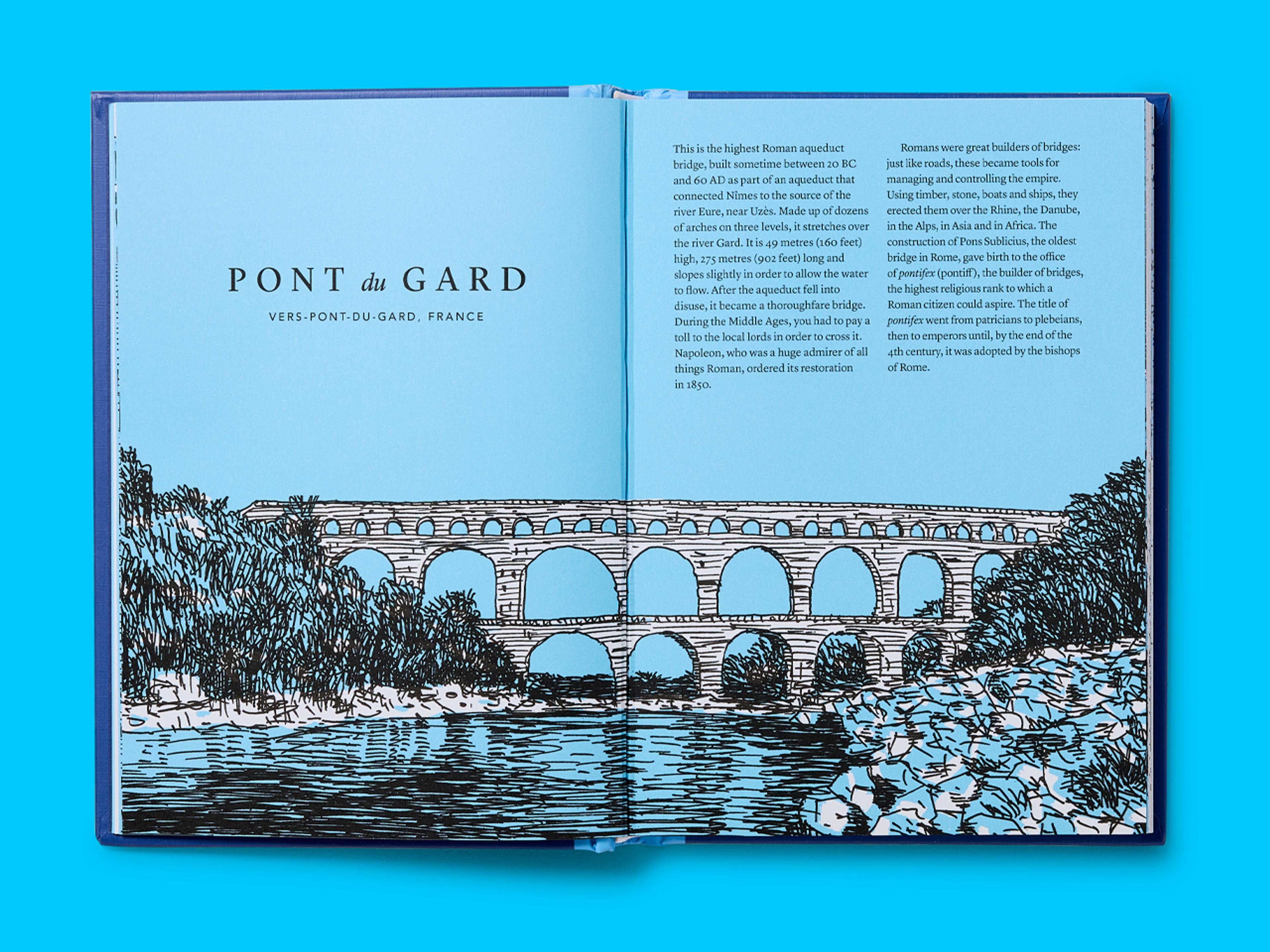 Open spreads from the Bridges of the World showing an illustration of a bridge and explanatory text.