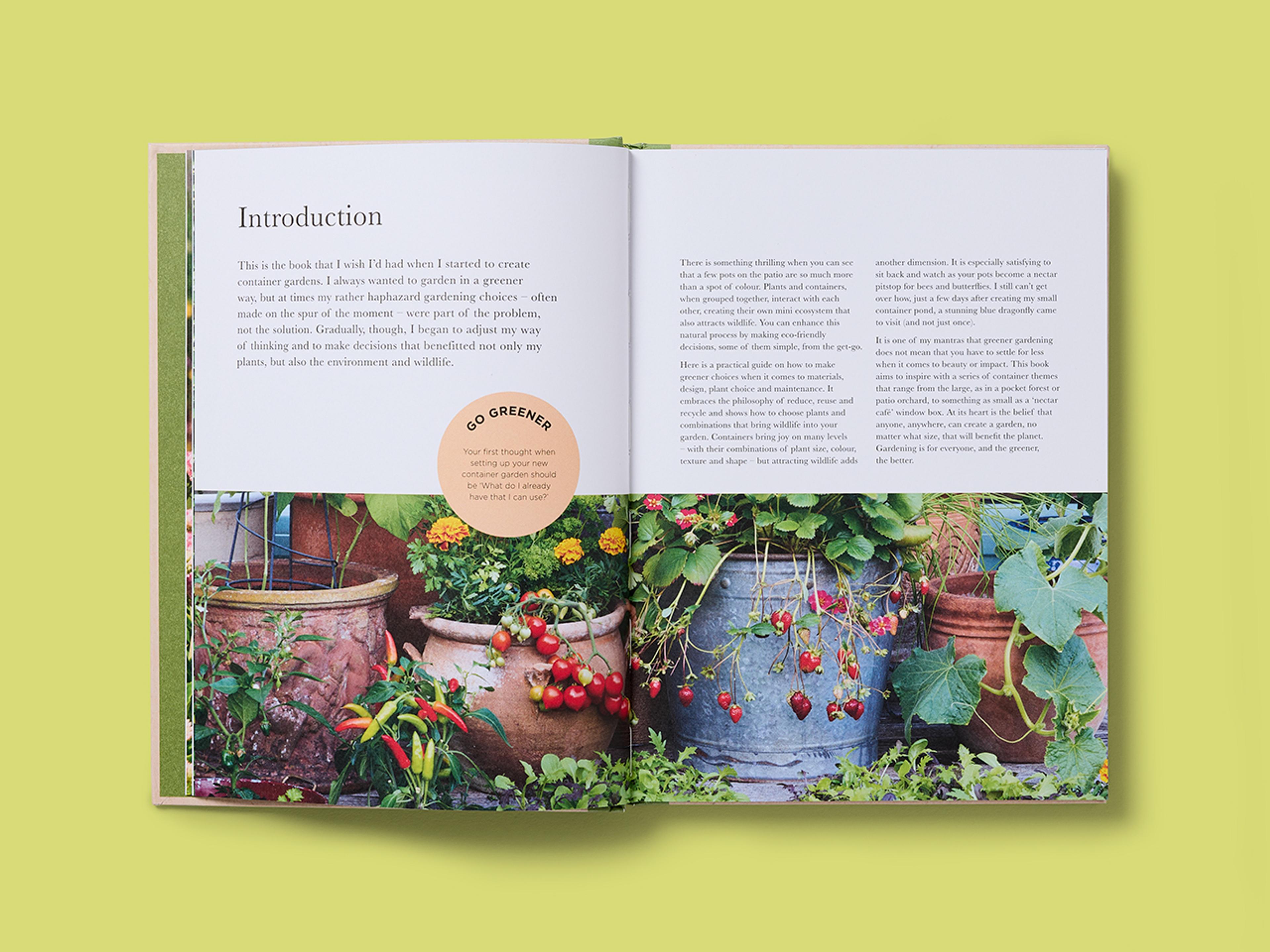Open spreads from the RHS Greener Gardening Series with photograph of pots and explanatory text.