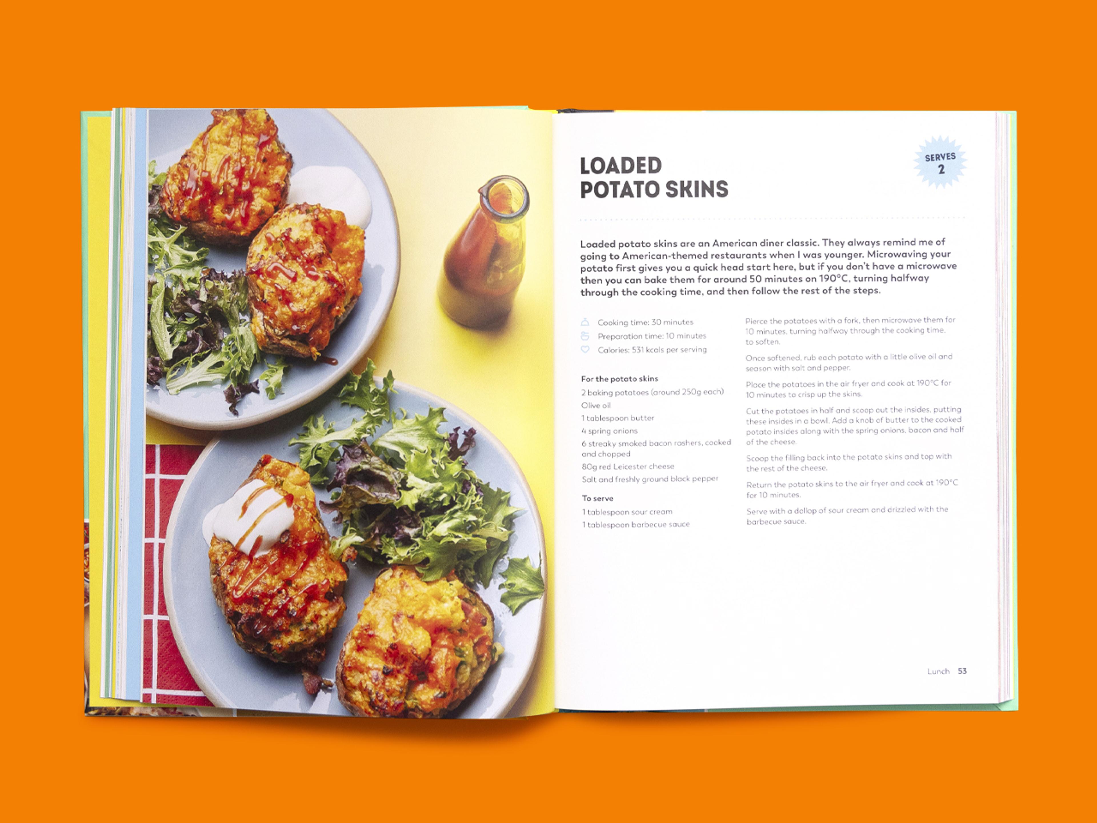 Open recipe spread titled “Loaded Potato Skins,” with ingredients and method on the right, and plated potato skins with salad and sauce on the left.