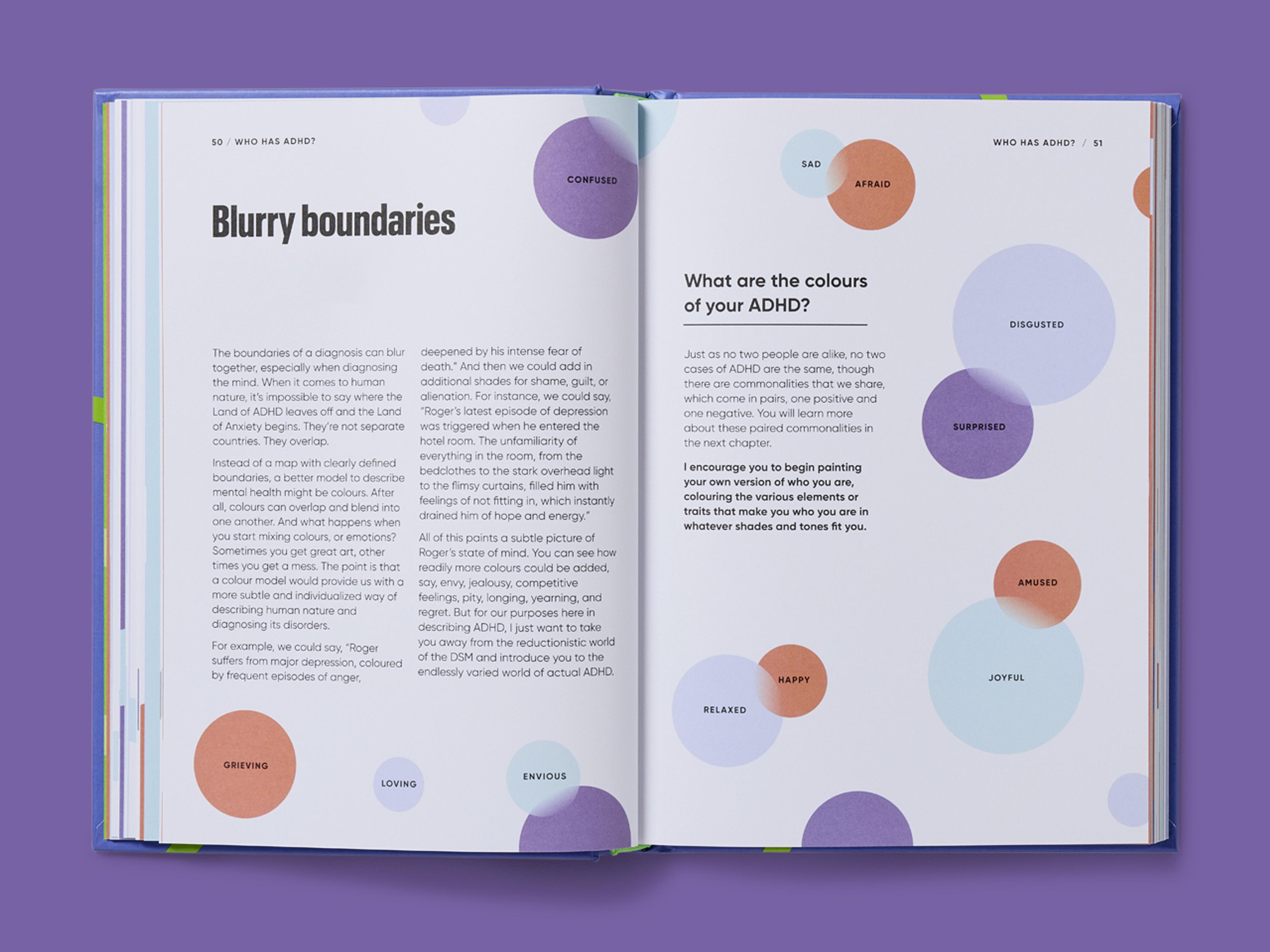 Open spread of ADHD Explained titled "Blurry boundaries" and "What are the colours of your ADHD?" with explanatory text.
