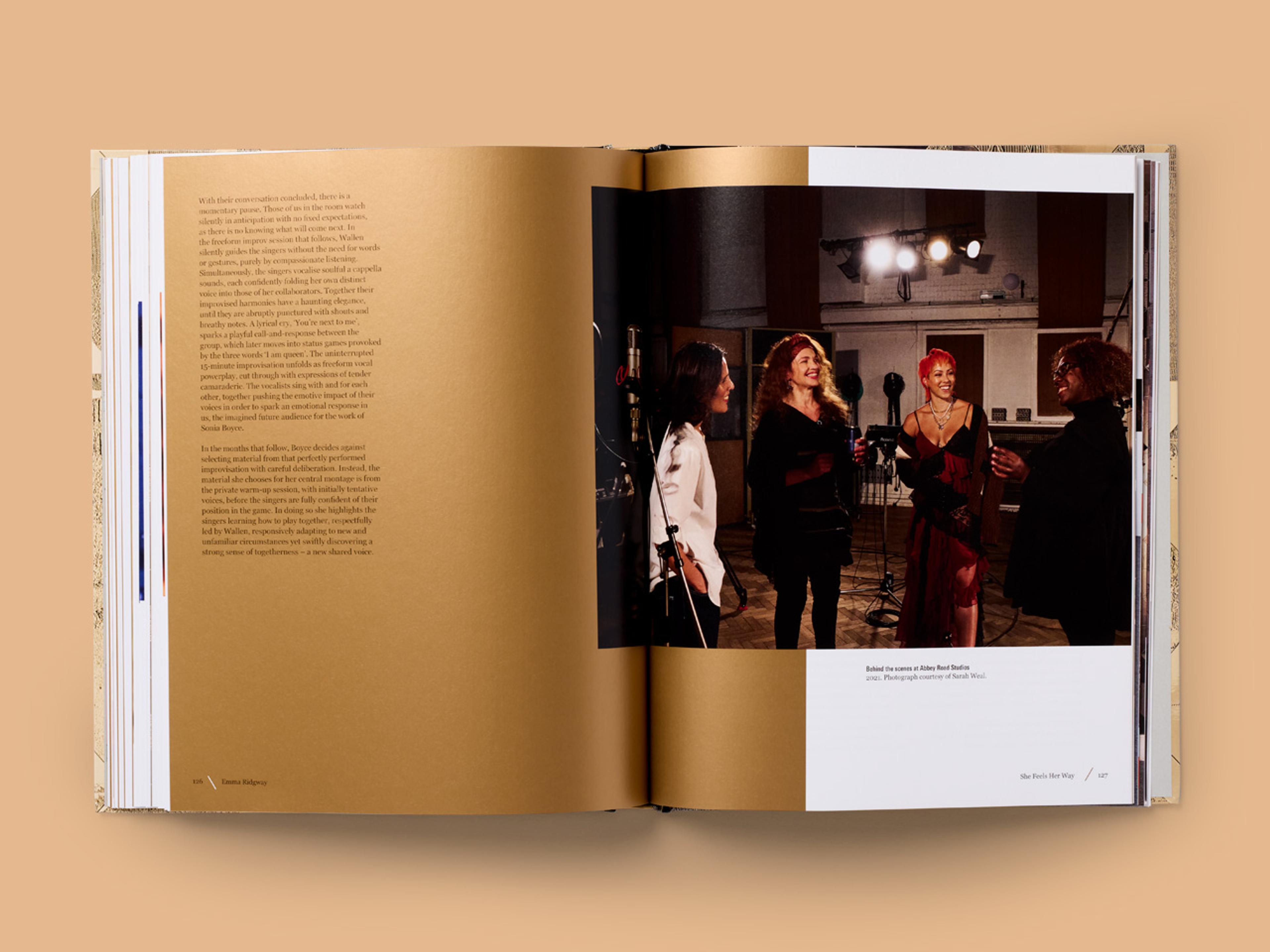 Open spread from Sonia Boyce, featuring a predominantly brown background and a clean layout.