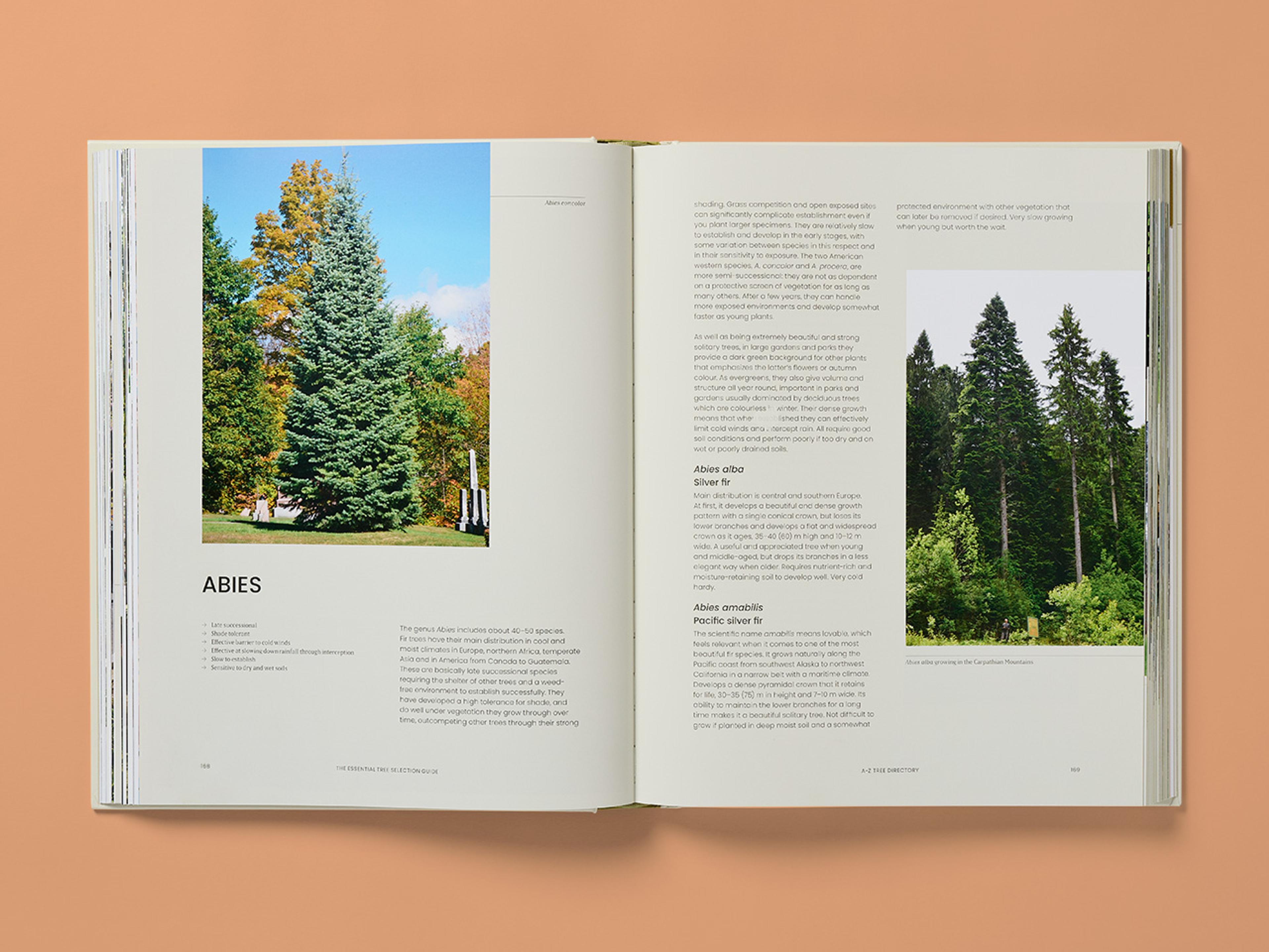 Open spread from The Essential Tree Selection Guide, featuring photographs of various trees and explanatory text.