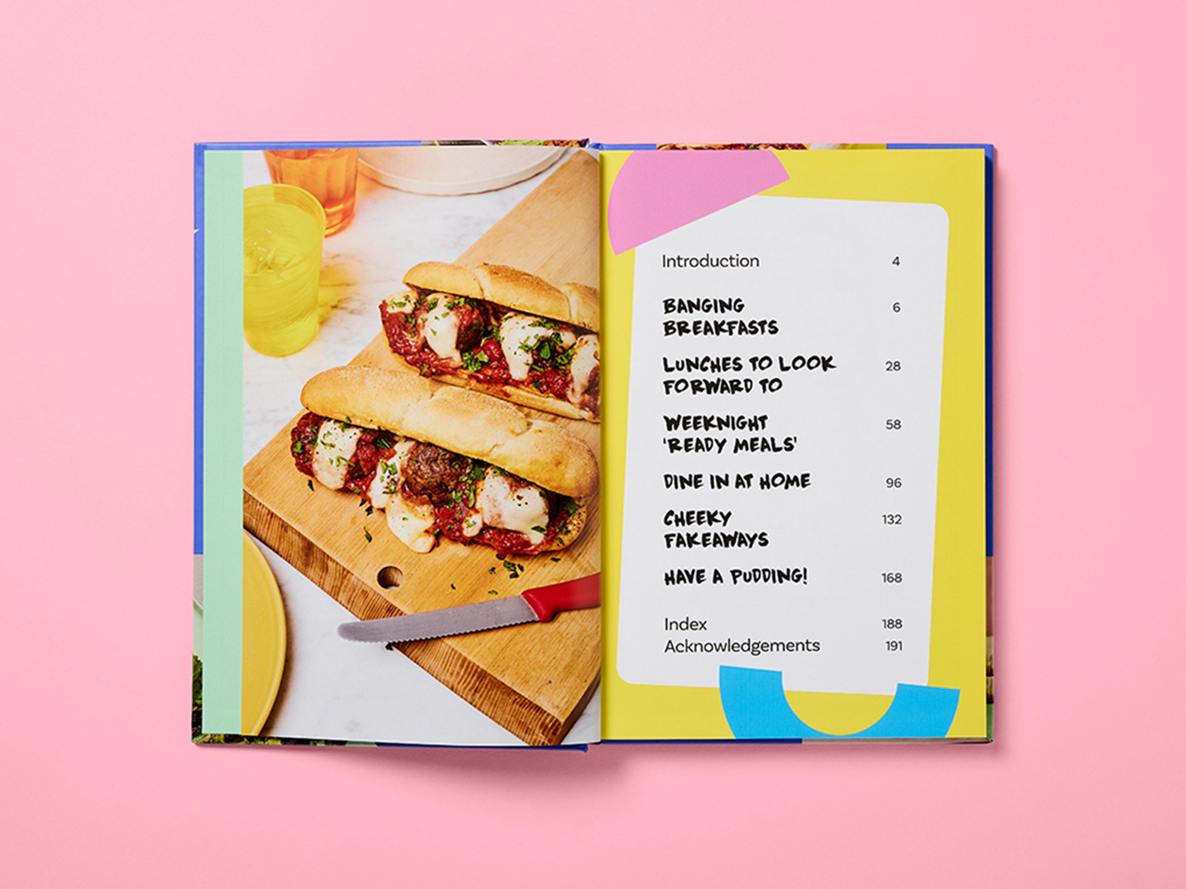 Open cookbook cover for Low-Cal Kitchen Bangers, featuring punchy colours and large typography.