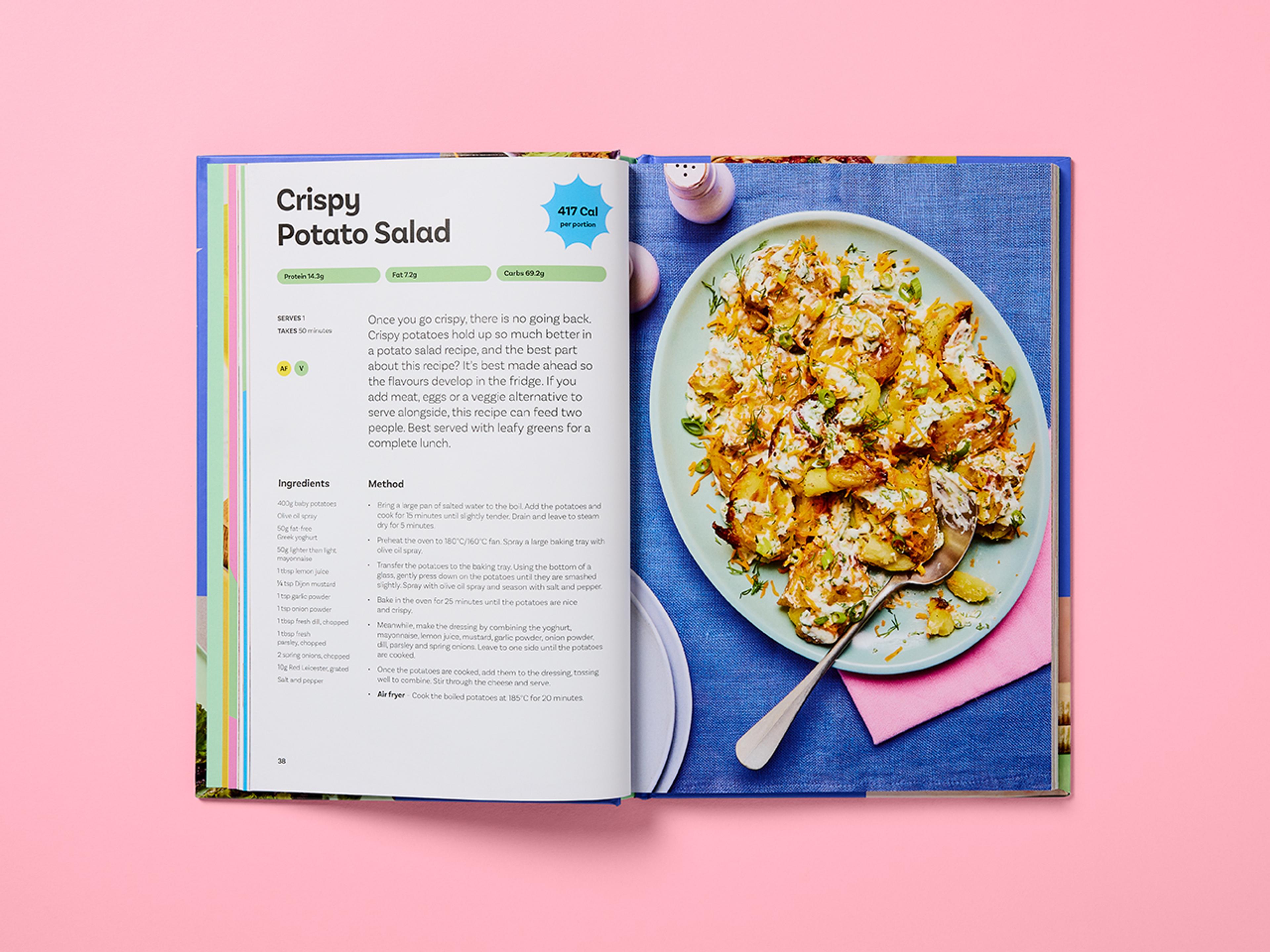 Open cookbook cover for Low-Cal Kitchen Bangers, featuring punchy colours and a clean layout.