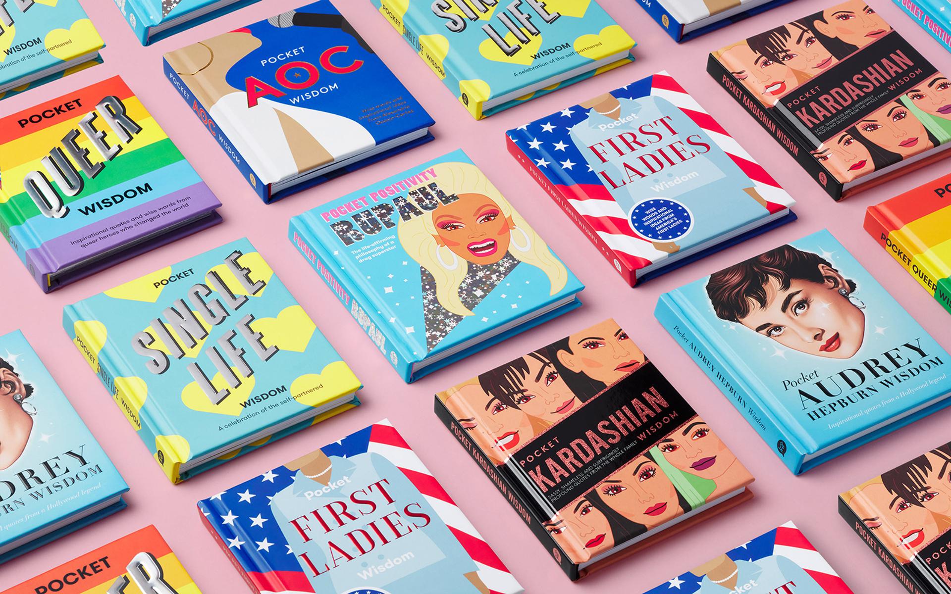 A collection of small-format Pocket Wisdom books featuring bold typography, colourful covers, and decorative foil finishes.