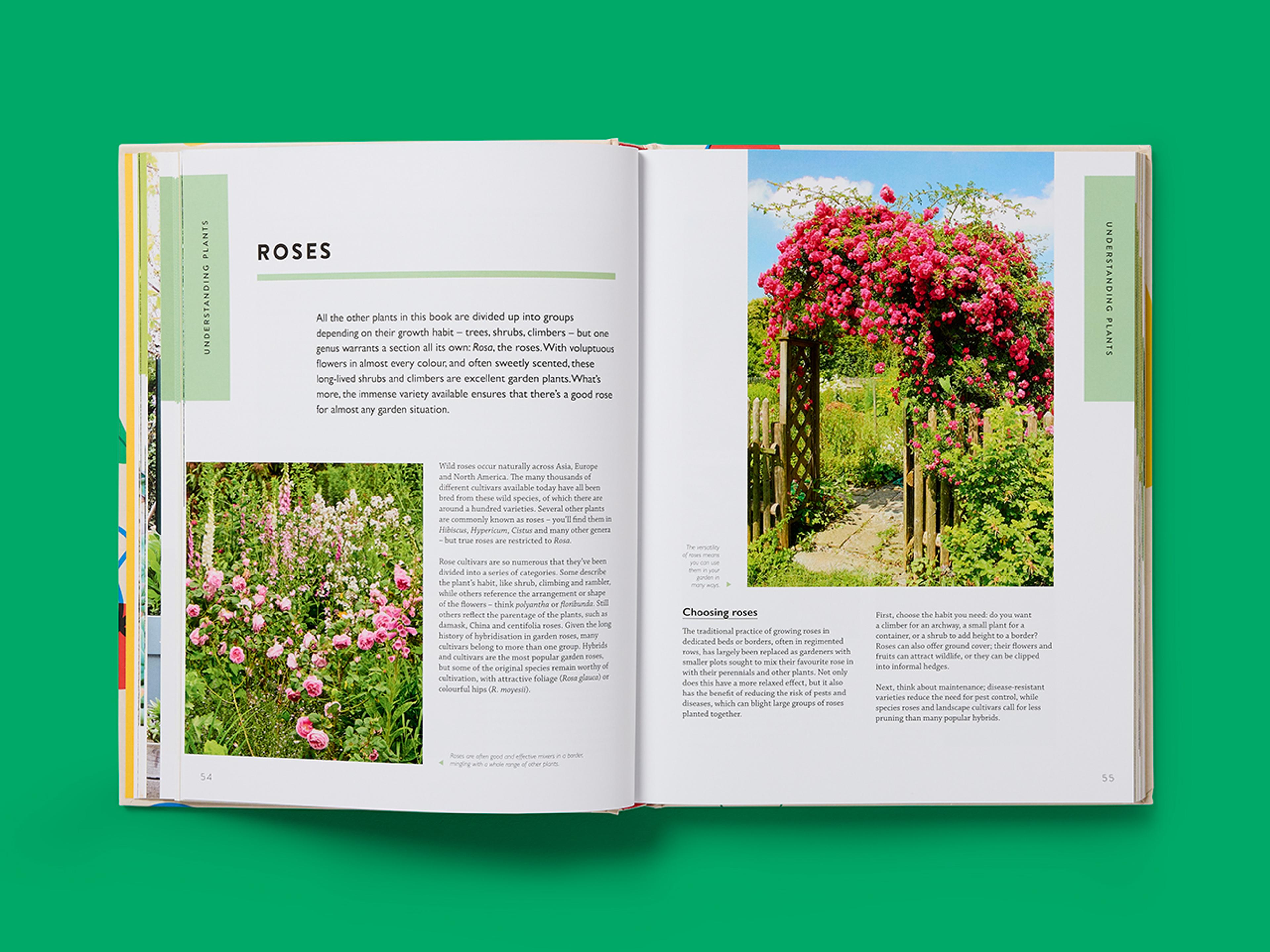 Open spreads from the RHS Gardening School with photographs of plants and explanatory text.