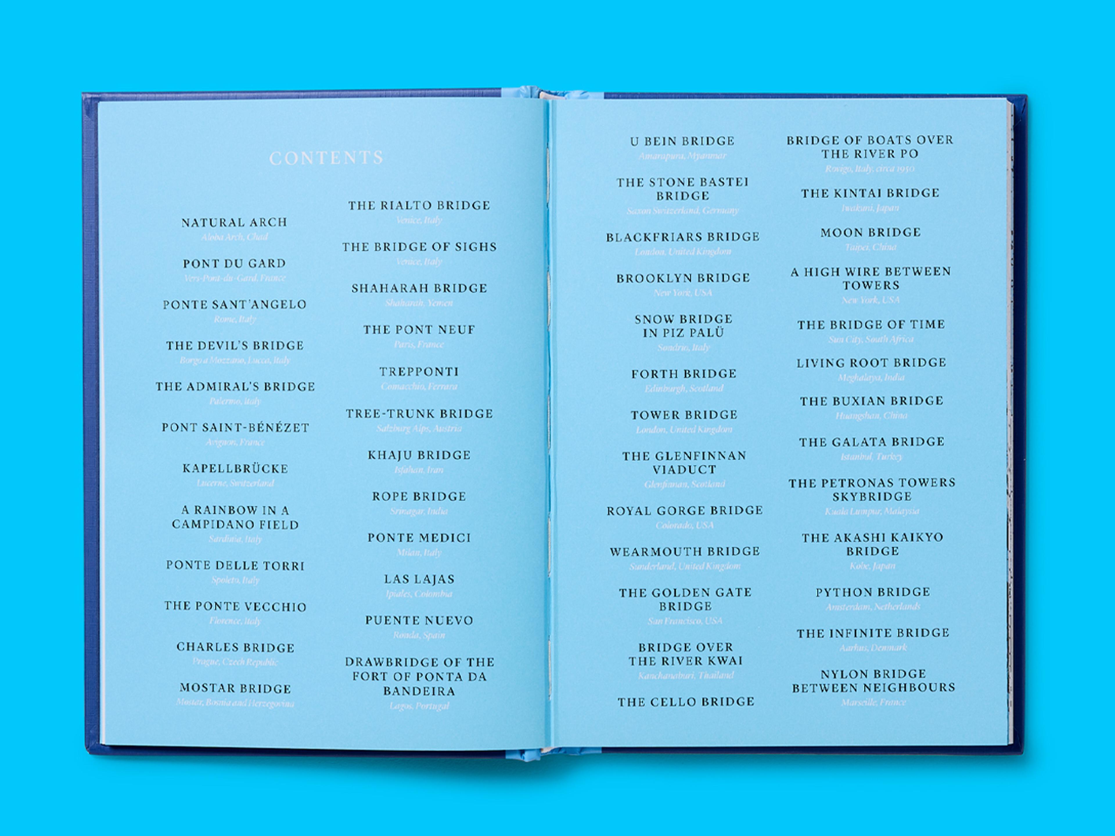 Open spreads from the Bridges of the World showing table of contents.