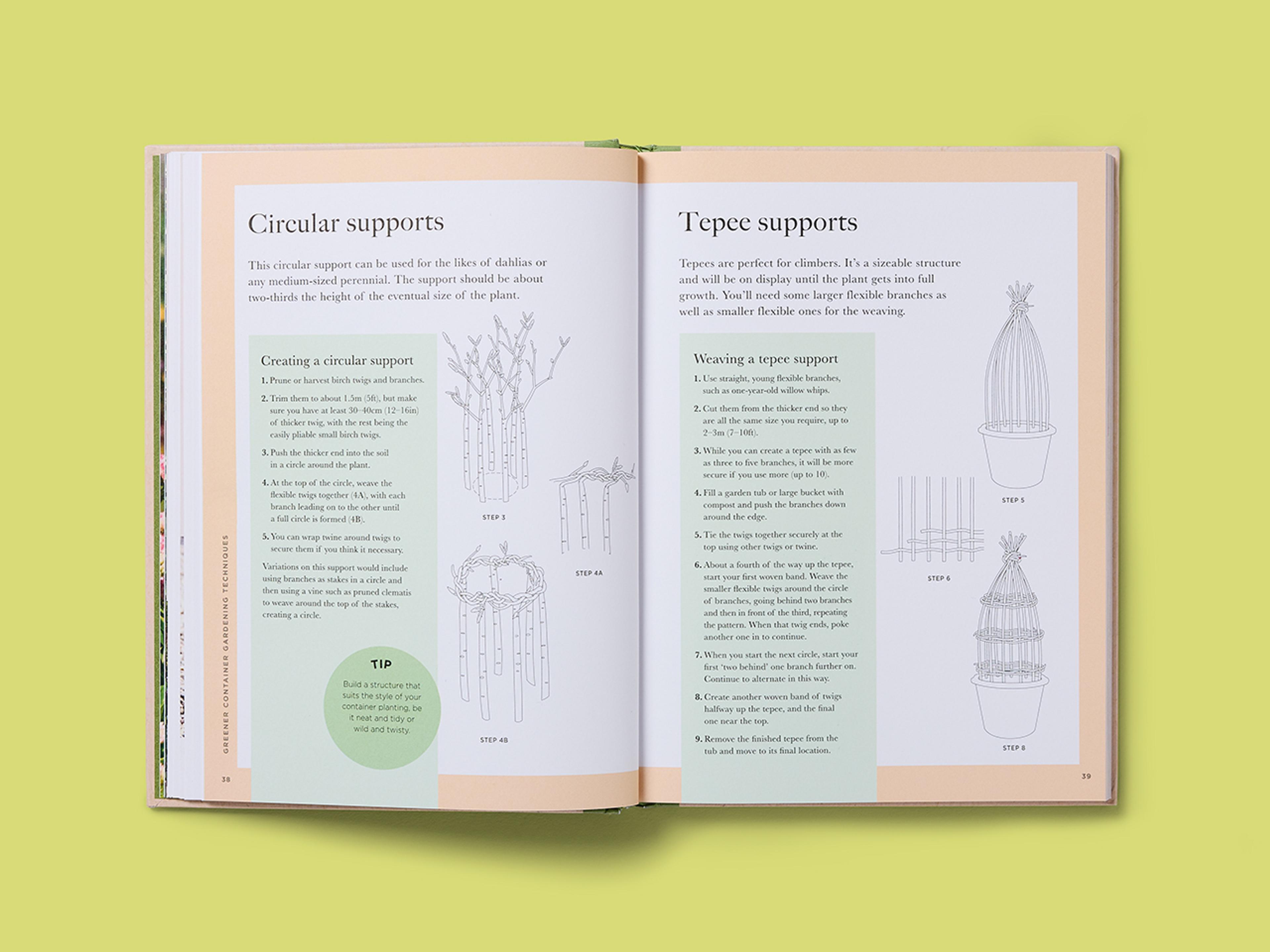 Open spreads from the RHS Greener Gardening Series with illustrations and explanatory text.