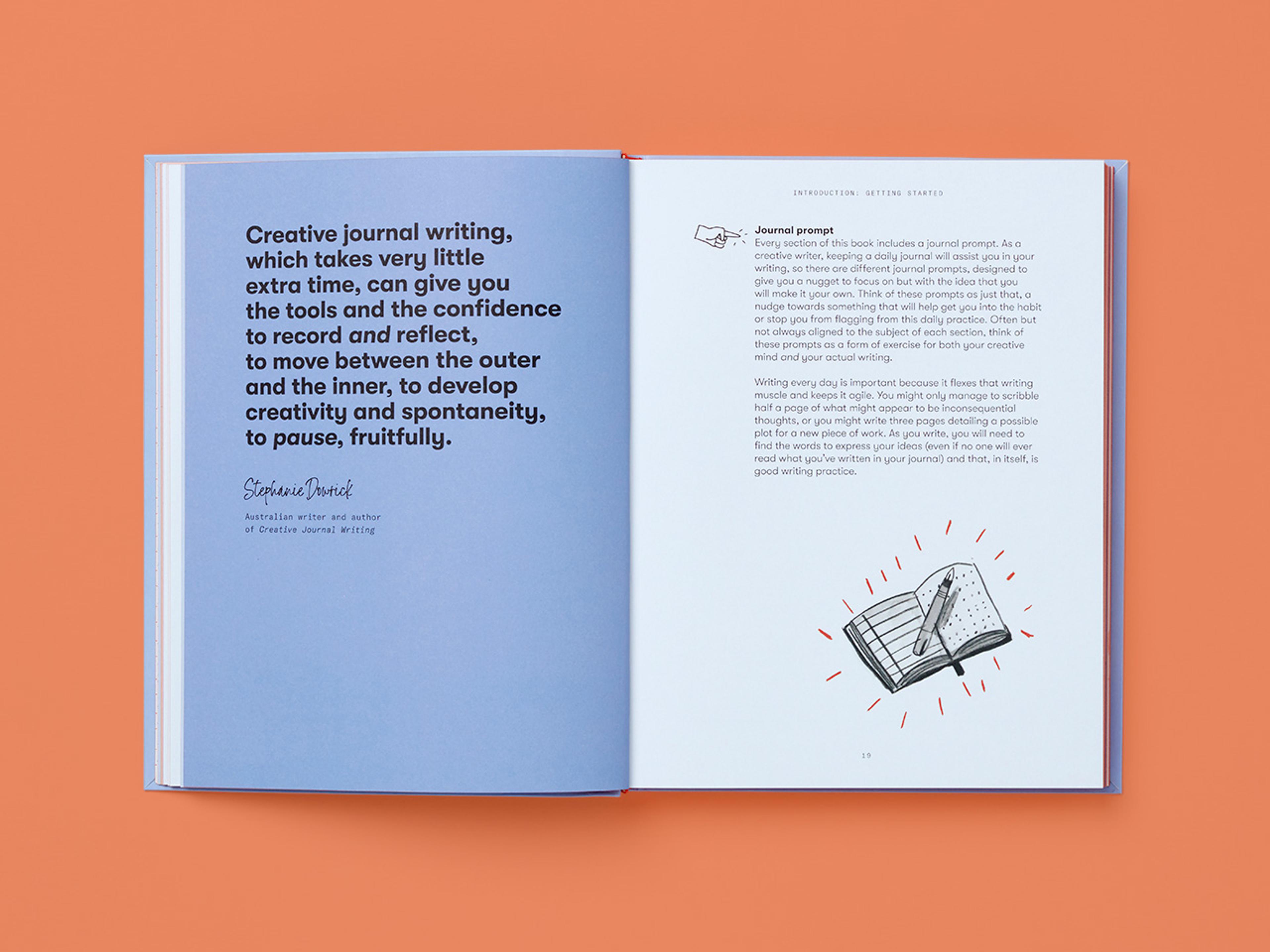 Open spreads from the 365 Days of Art with an illustration of a pen and notebook and accompanying text.