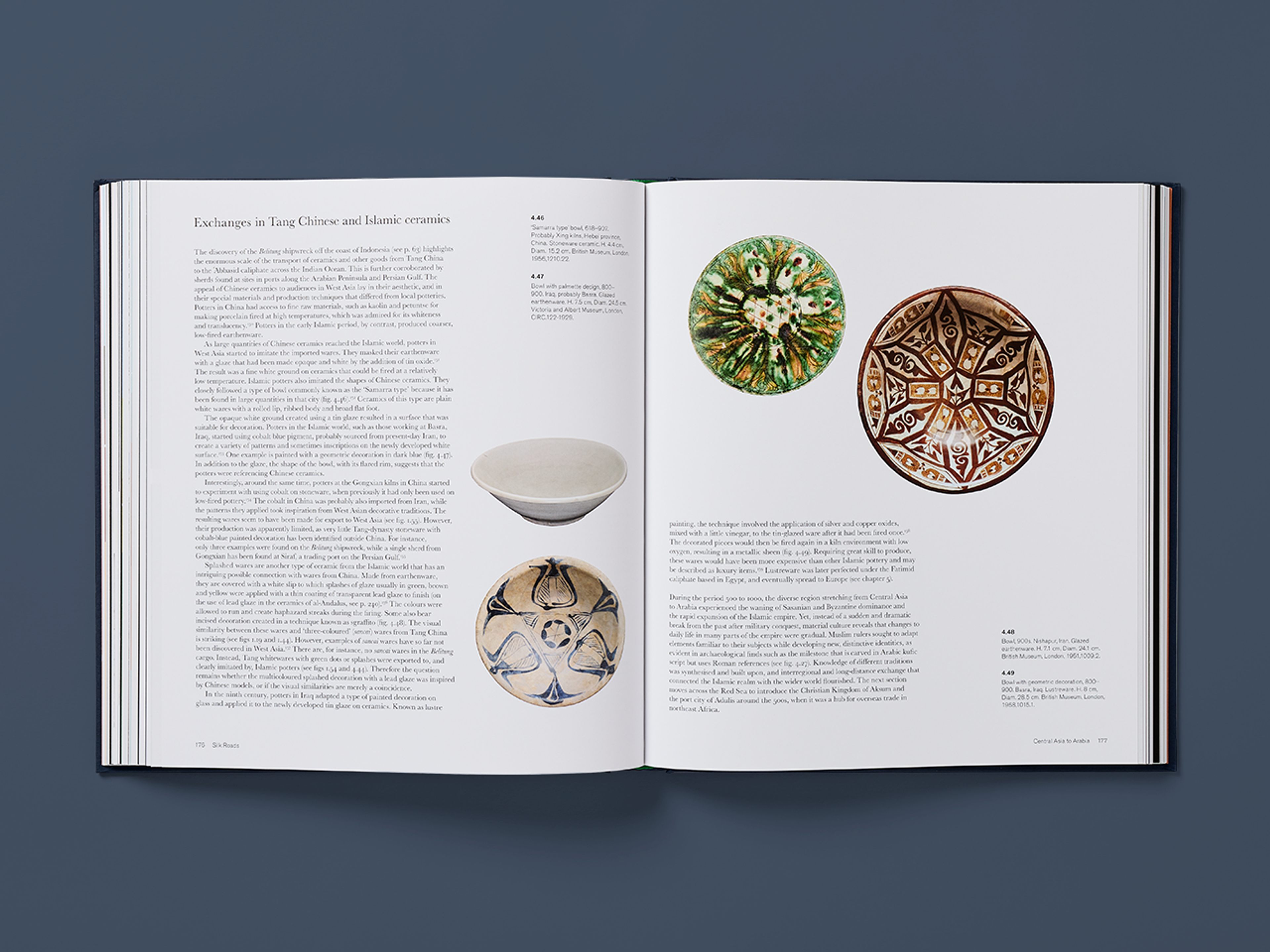 Open spreads from the Silk Roads showing photographs of various antique bowls accompanied by explanatory text.