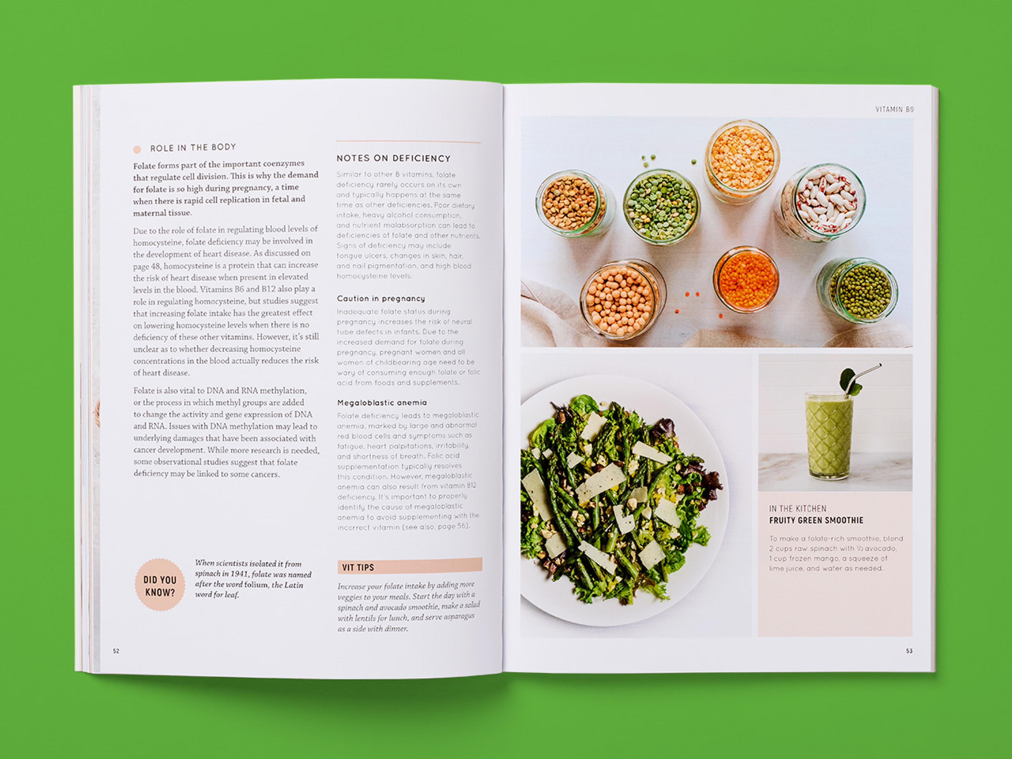 Open spread on vitamin B9 detailing its role, deficiency notes, and tips, with images of pulses in jars, a leafy salad, and a green smoothie.