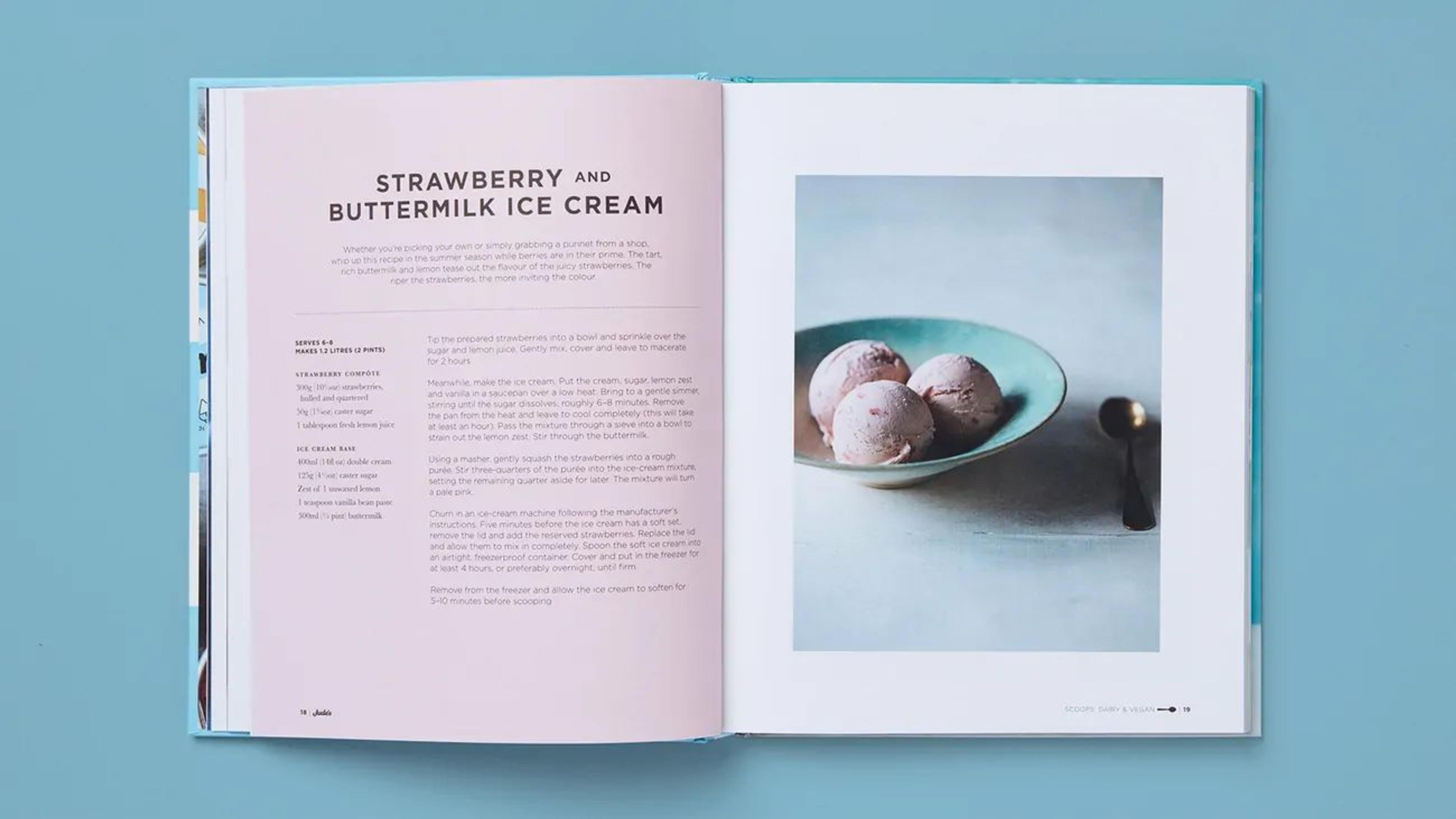 Open spread from Jude's Ice Cream and Desserts, featuring a recipe for strawberry and buttermilk ice cream and its corresponding photo.
