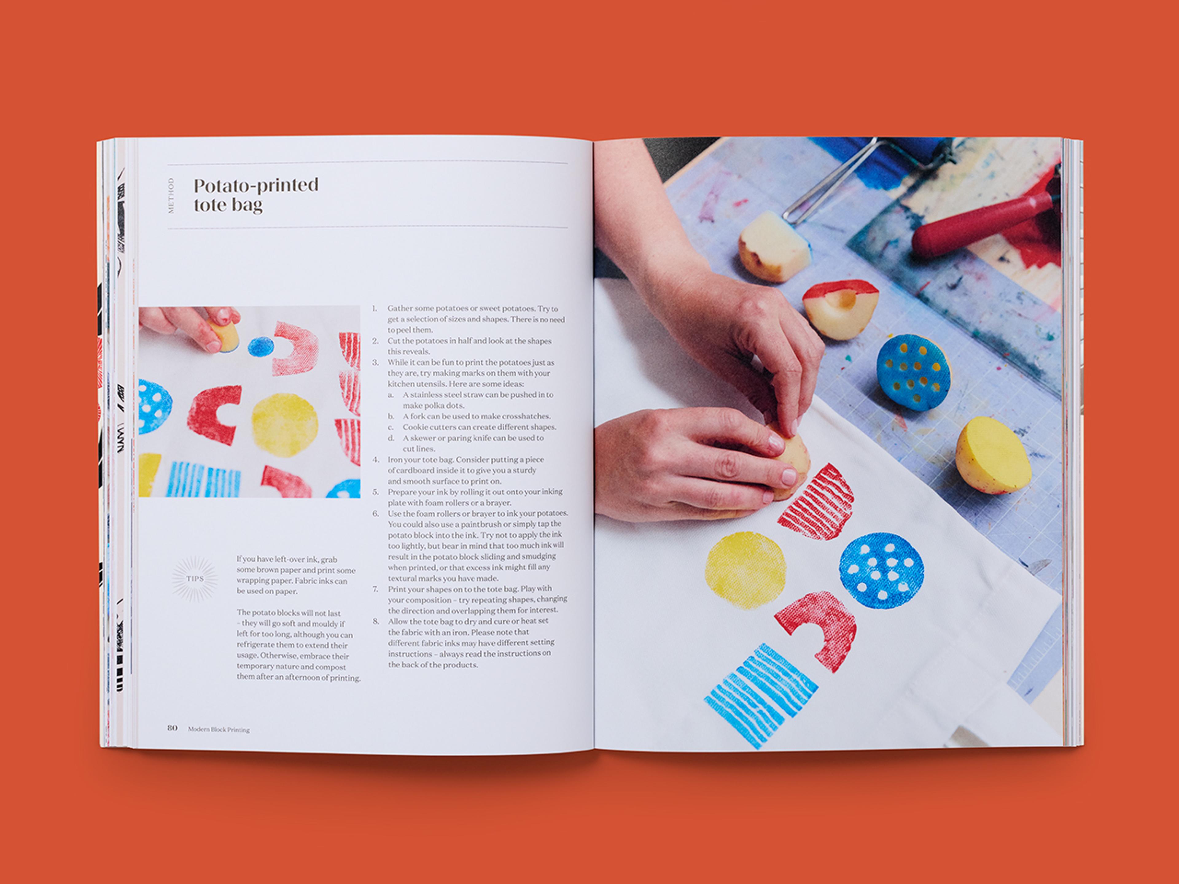 Open spread from Modern Block Printing, featuring a step-by-step guide on how to create a potato-printed tote bag.