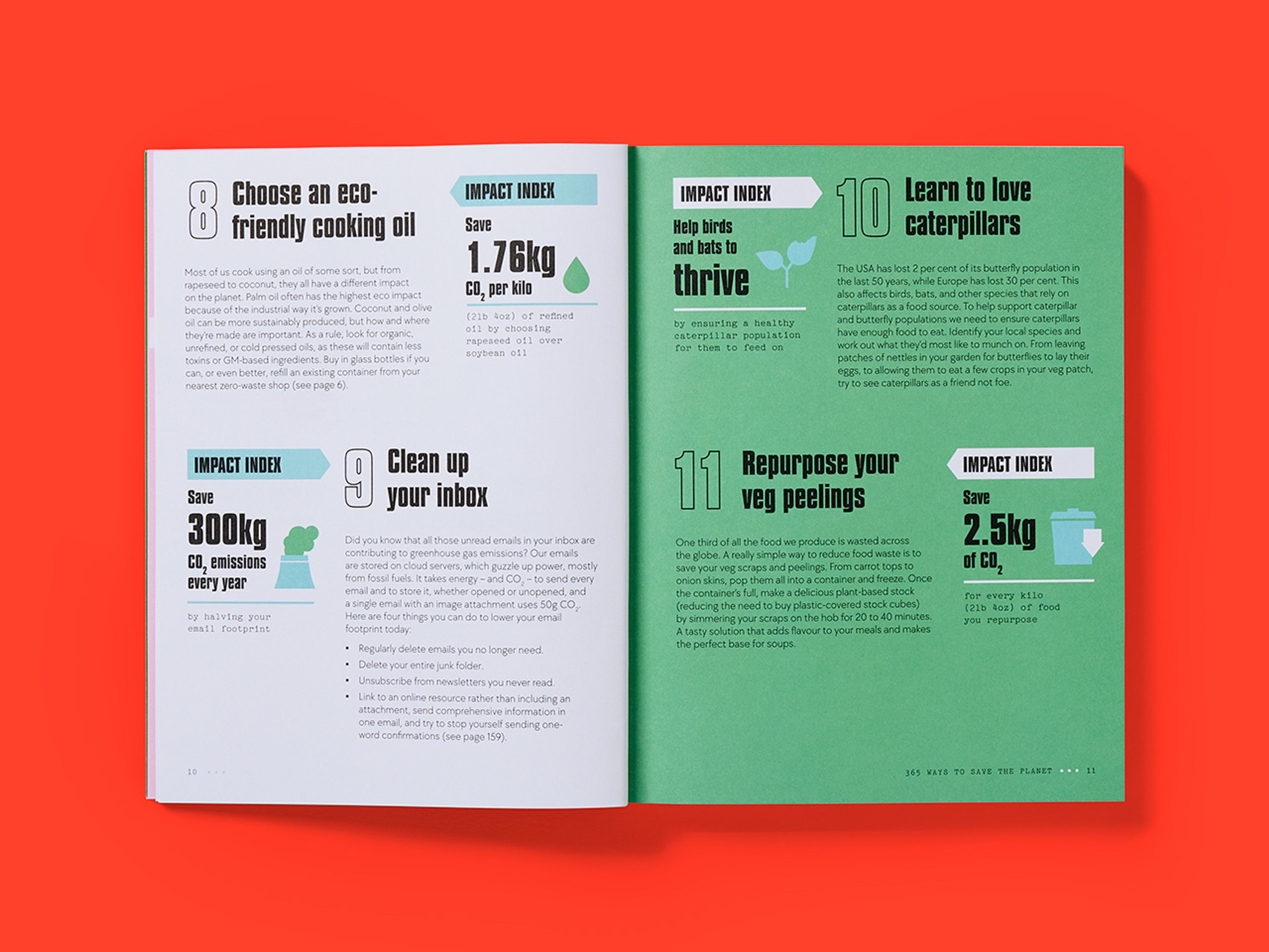 Open spread from 365 Ways to Save the Planet, featuring sustainability tips.