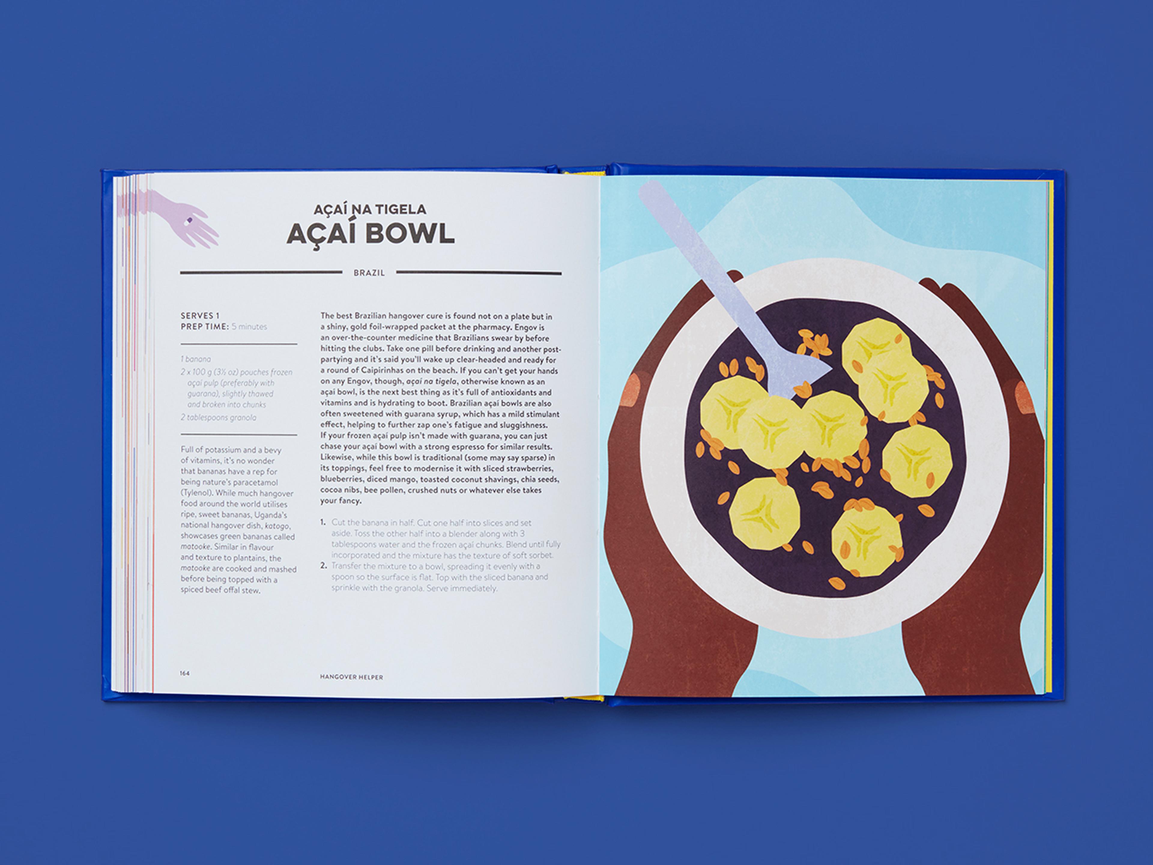 Open spreads from the Hangover Helper book showing recipes alongside colourful illustrations.