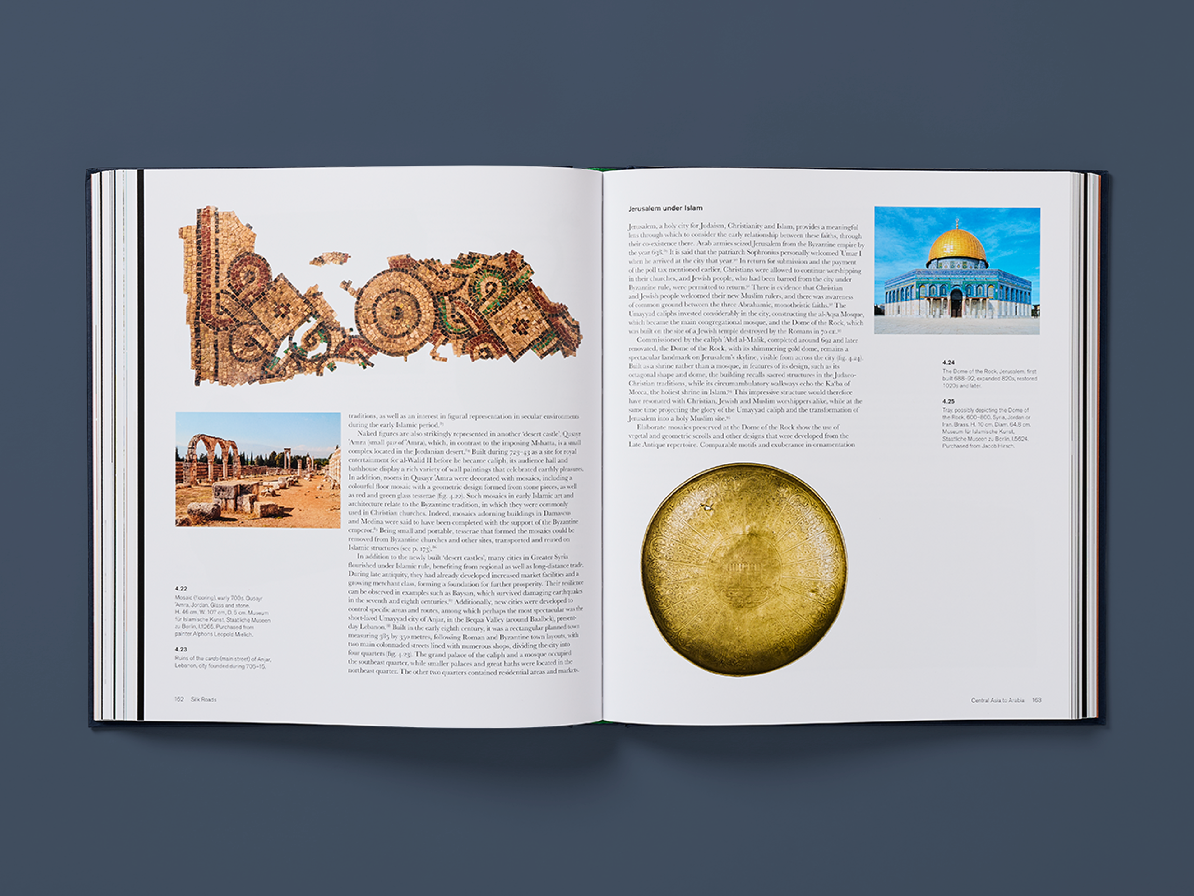 Open spreads from the Silk Roads showing photographs of various antique figurines accompanied by explanatory text.