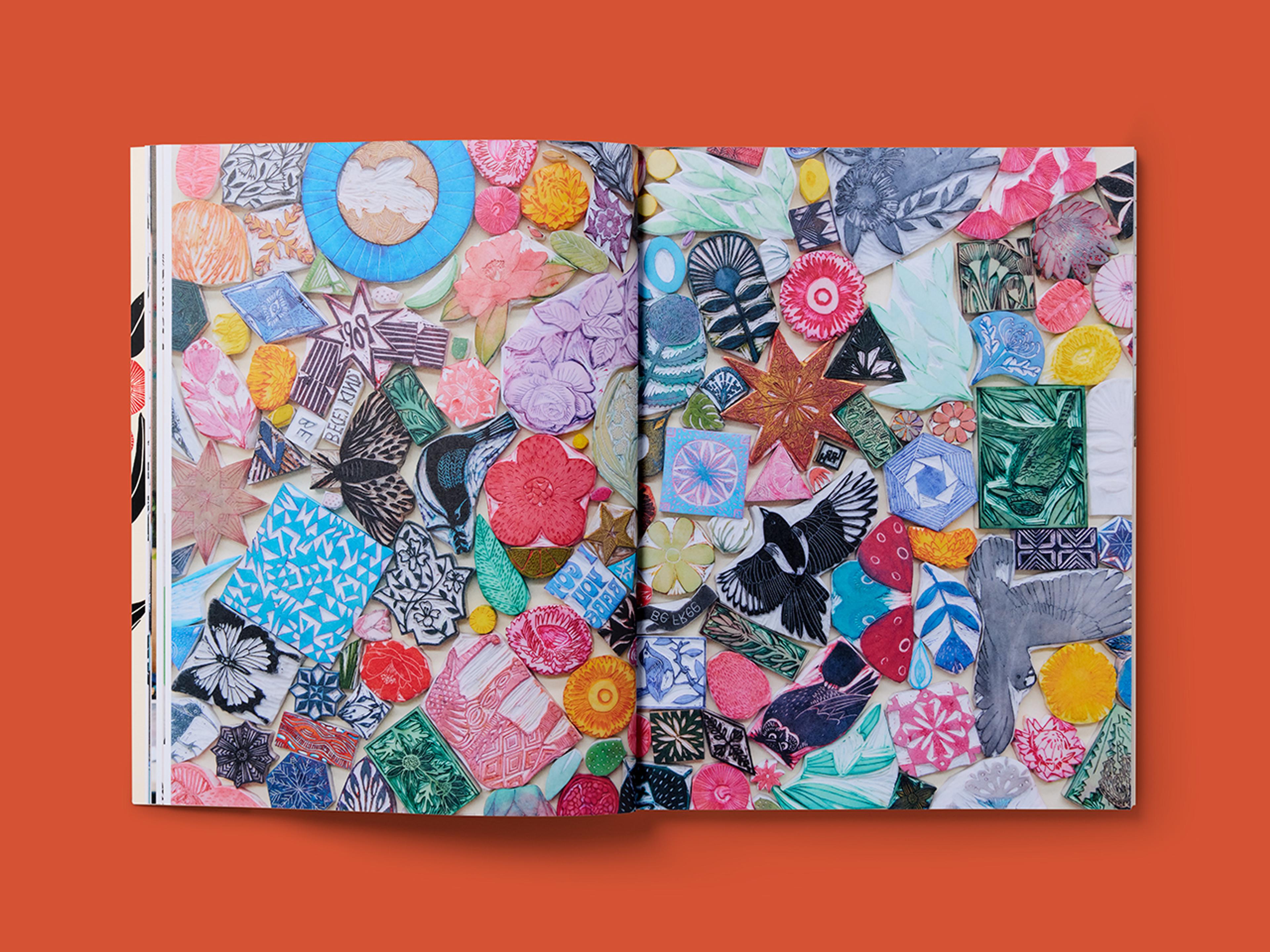 Open spread from Modern Block Printing, featuring a colourful patchwork.