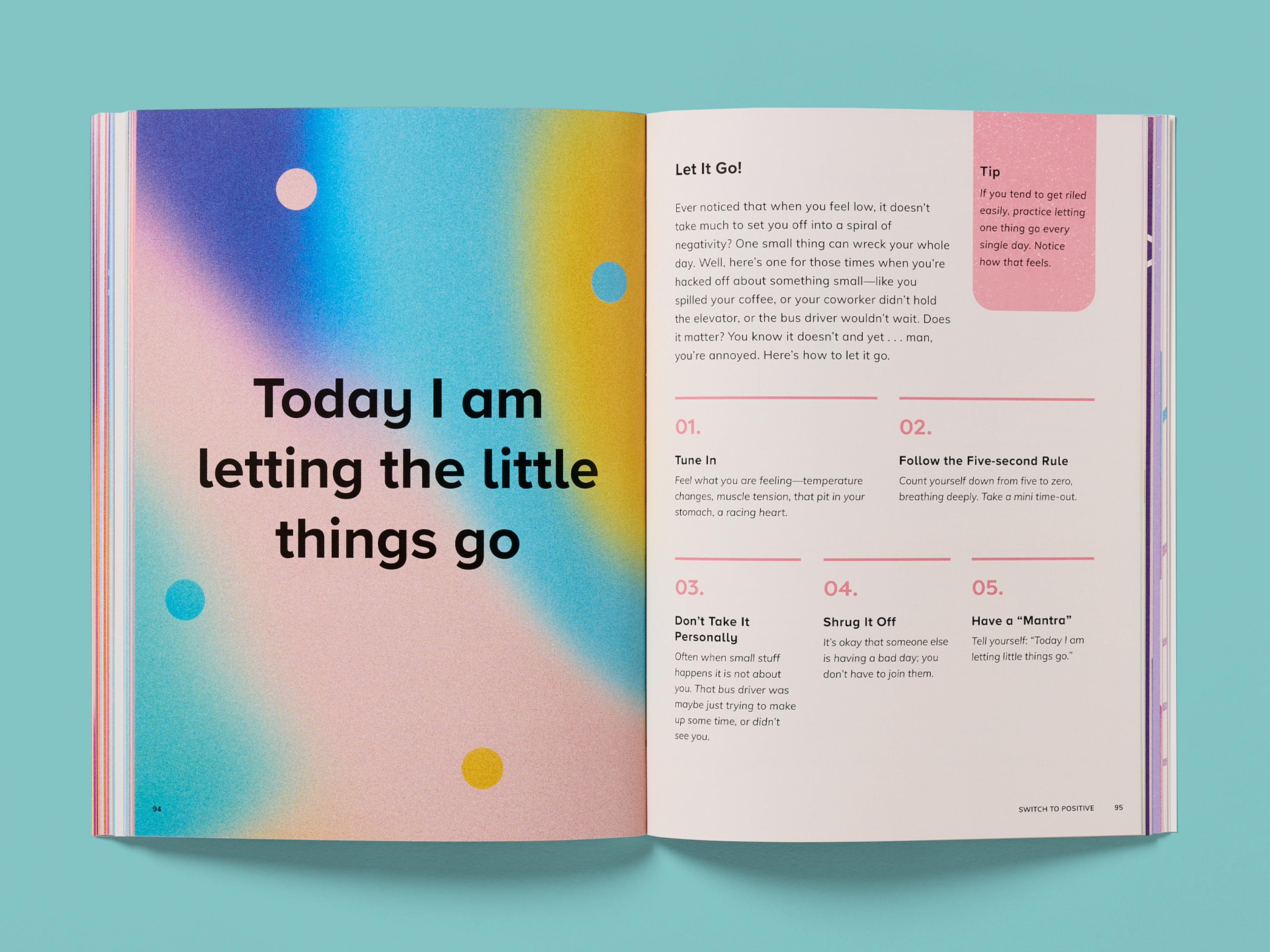Open spread of a “Cards Against Series” book titled “Let It Go!” with prompts and the text "Today I am letting the little things go" on a colourful background.