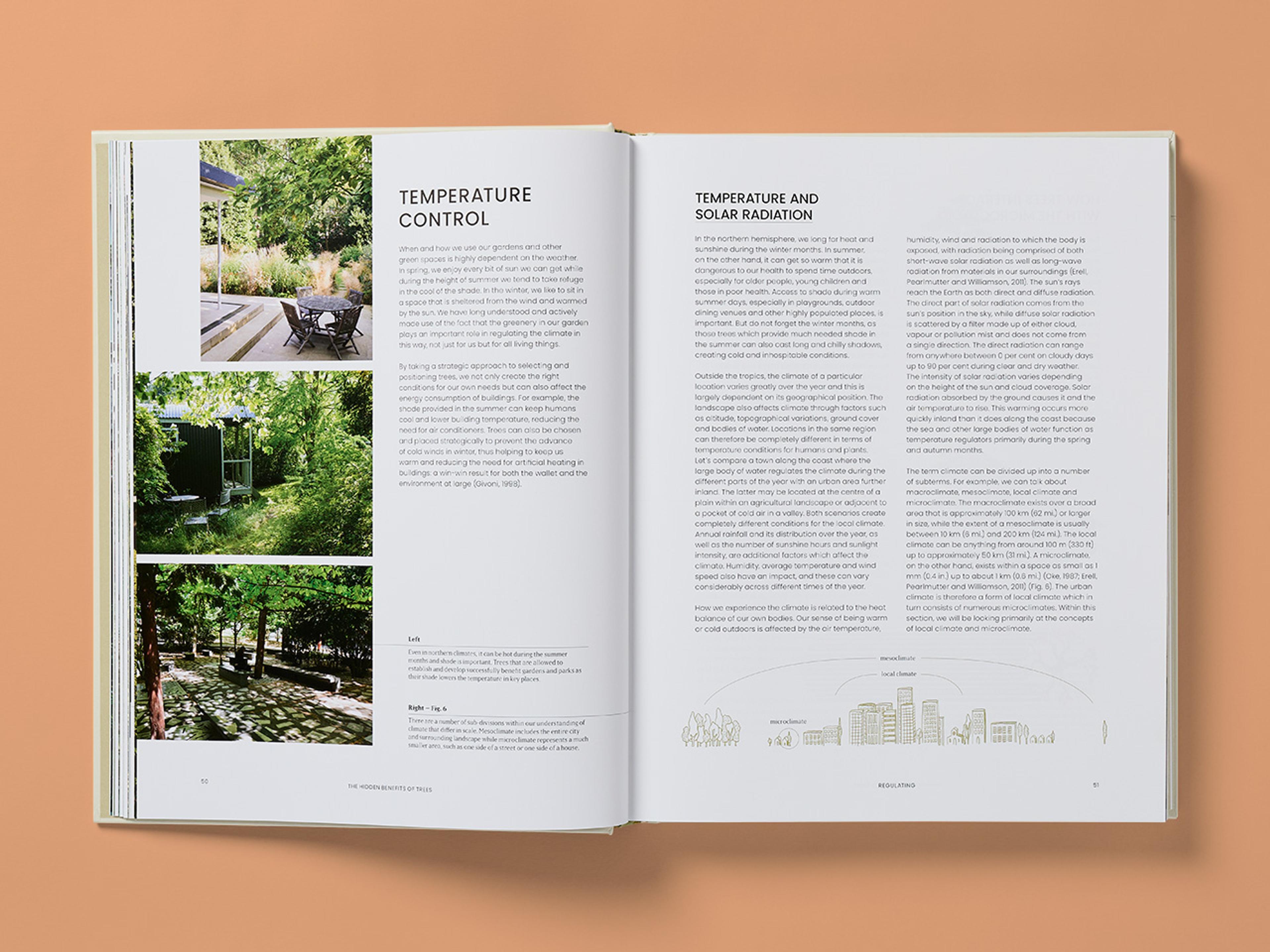 Open spread from The Essential Tree Selection Guide, featuring photographs of various trees and explanatory text.
