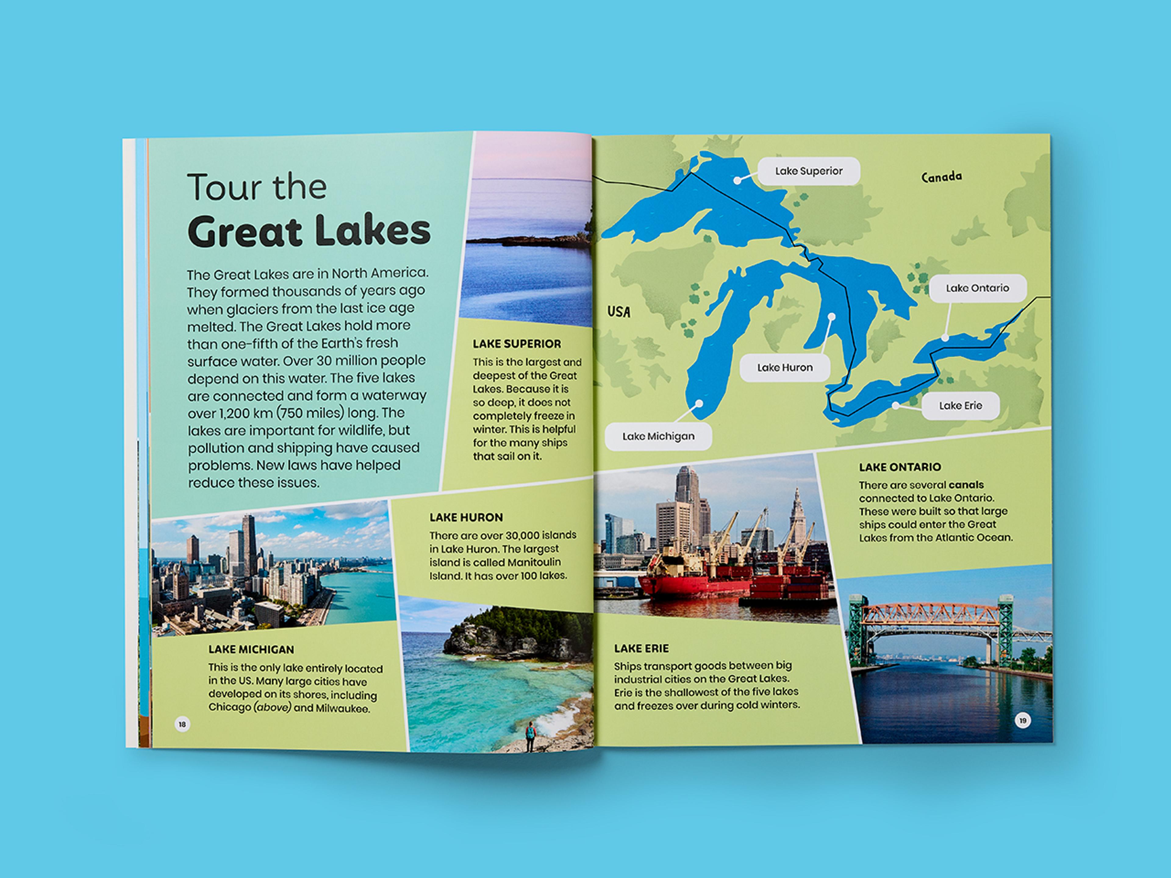 Open spread from Super Planet Series, featuring vibrant illustrations and clean layouts.