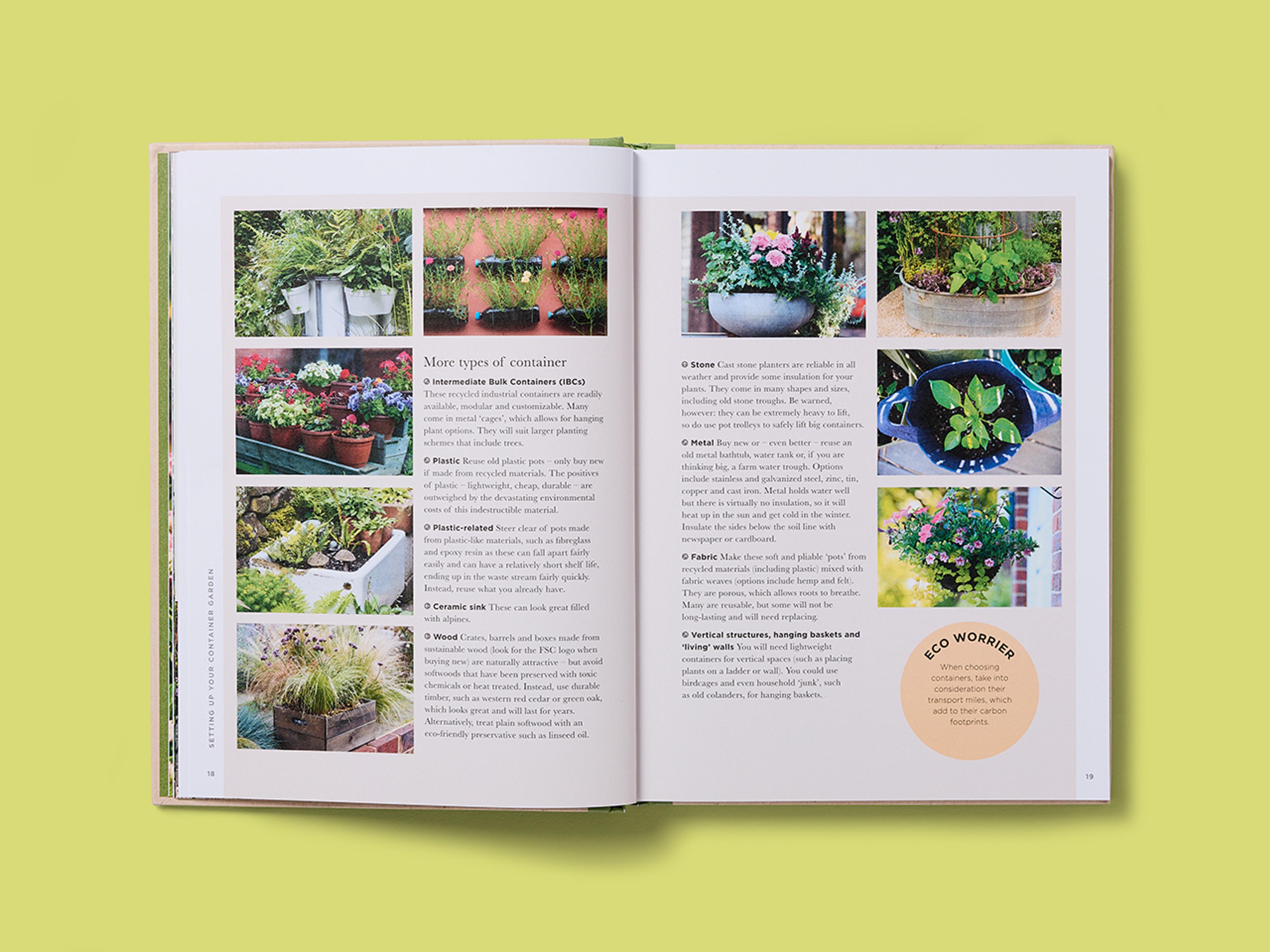 Open spreads from the RHS Greener Gardening Series with plant photographs and explanatory text.