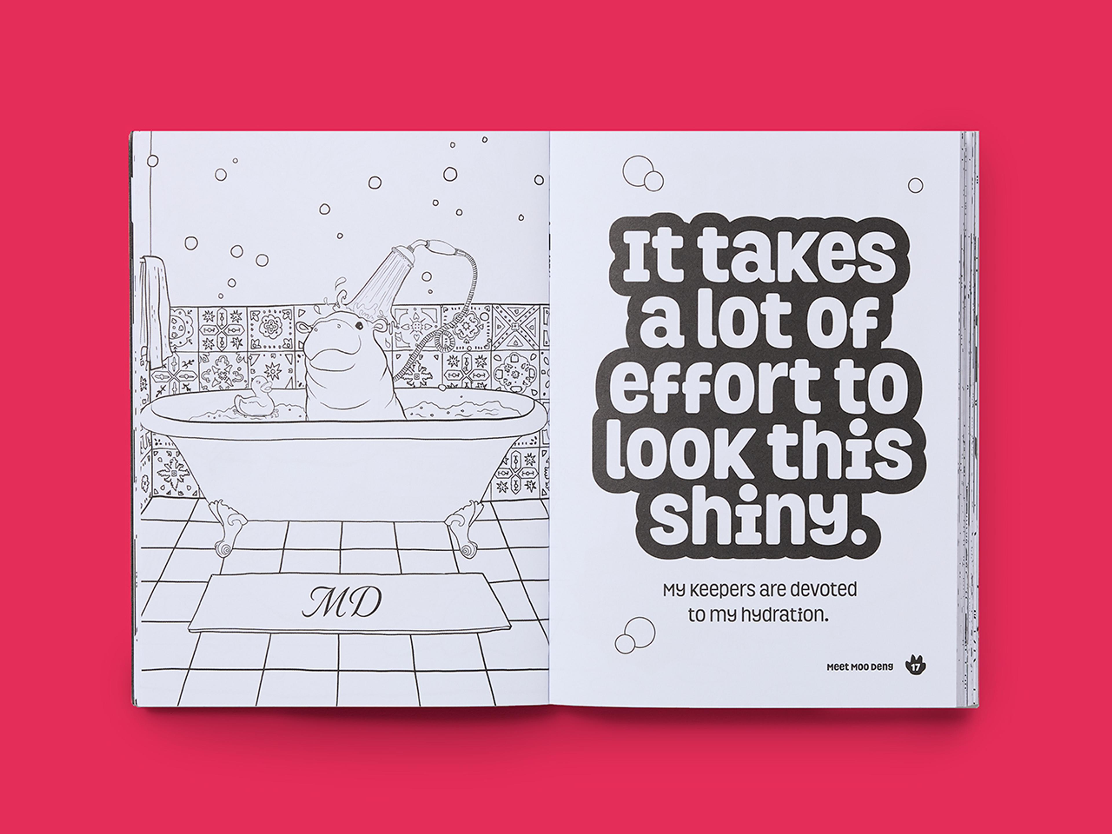 Open spread from Be More Moo Deng, featuring a line drawing of Moo Deng and bold typography.