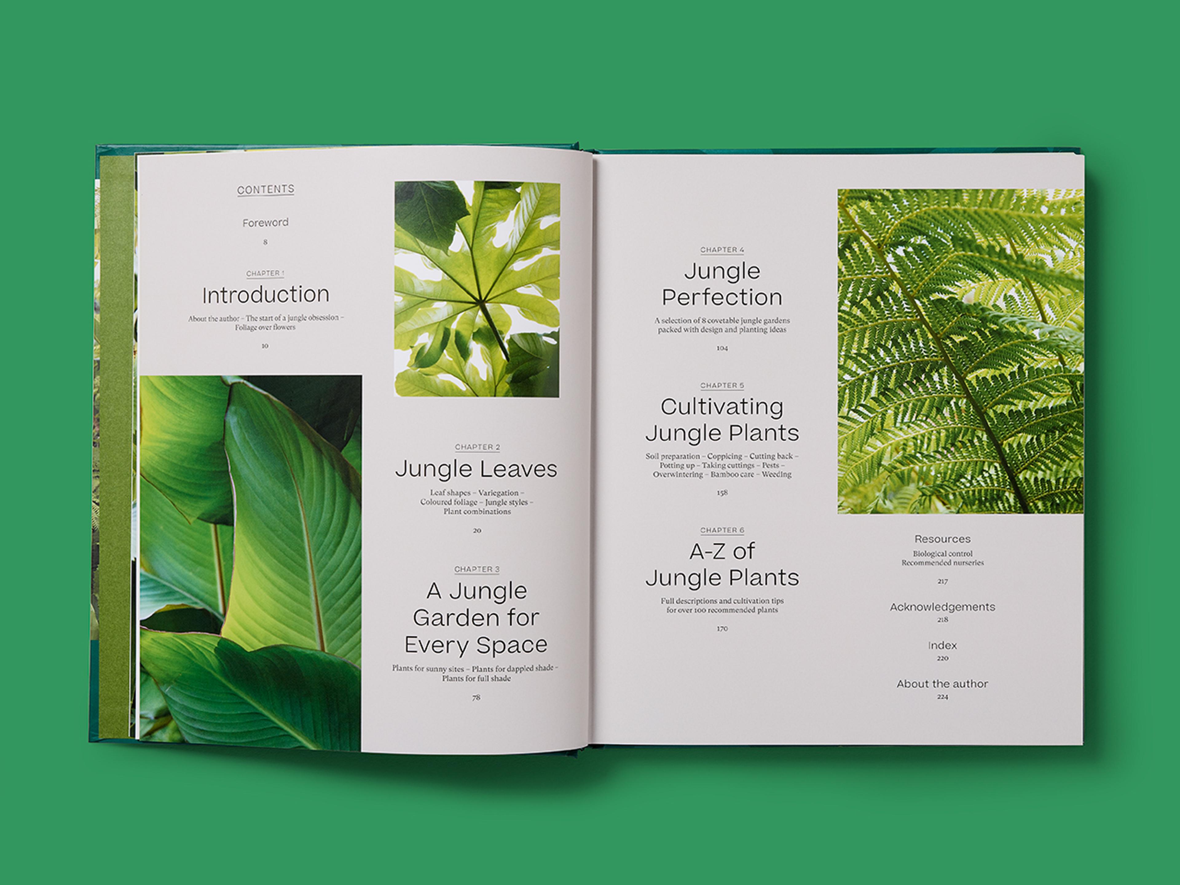 Open spread of The Jungle Garden contents page listing chapters with images of green foliage.