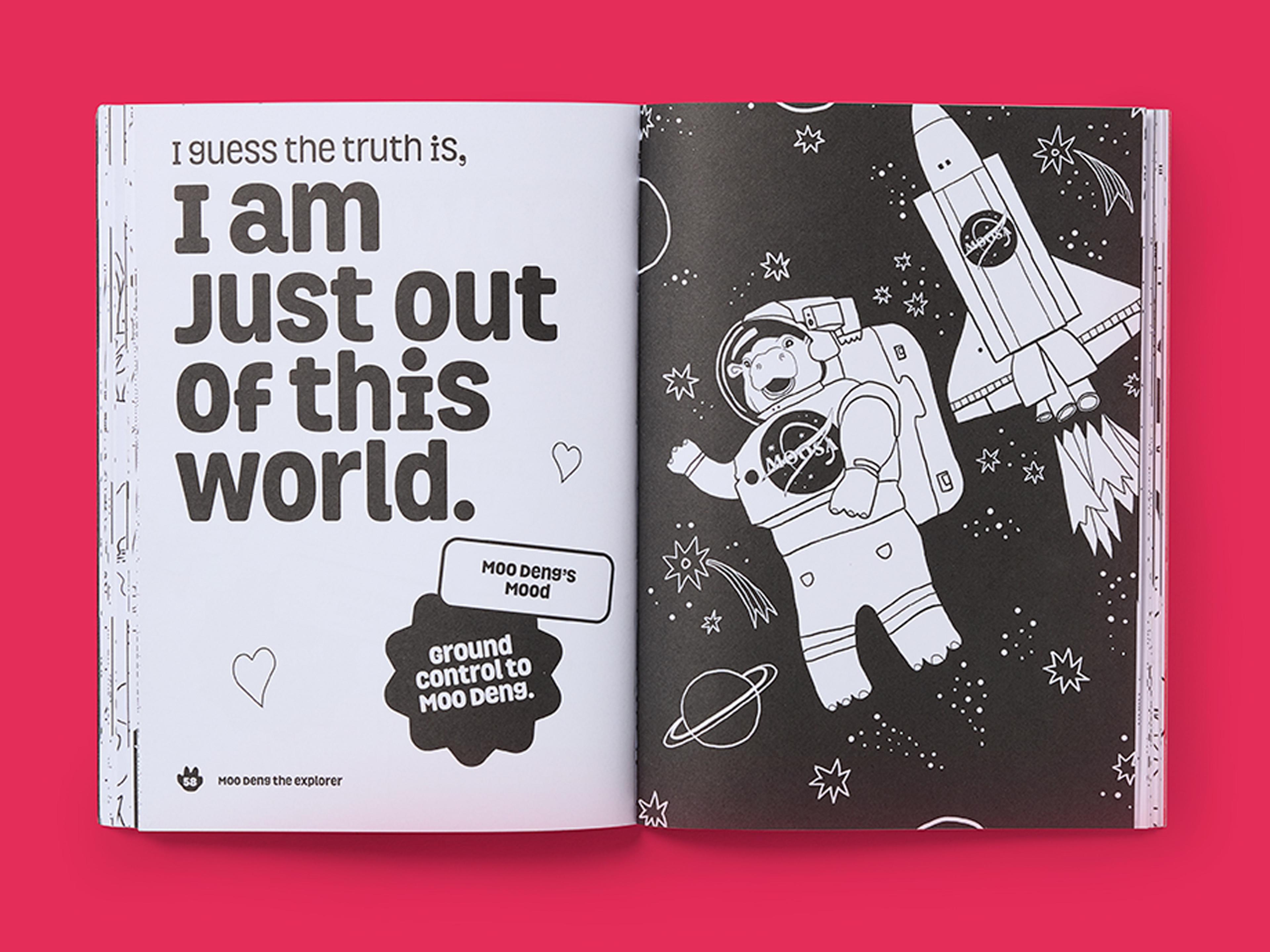 Open spread from Be More Moo Deng, featuring a line drawing of Moo Deng and bold typography.