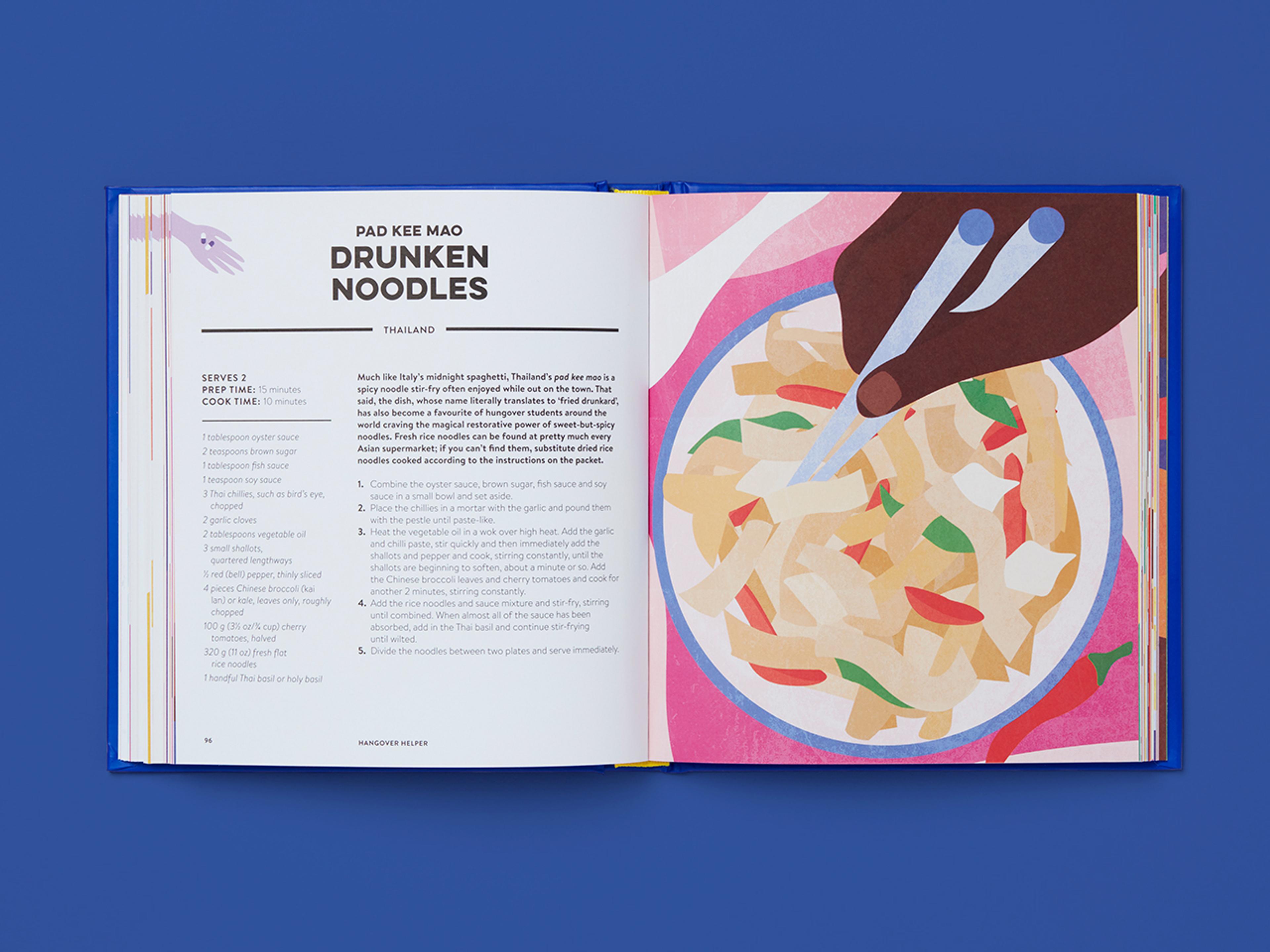 Open spreads from the Hangover Helper book showing recipes alongside colourful illustrations.